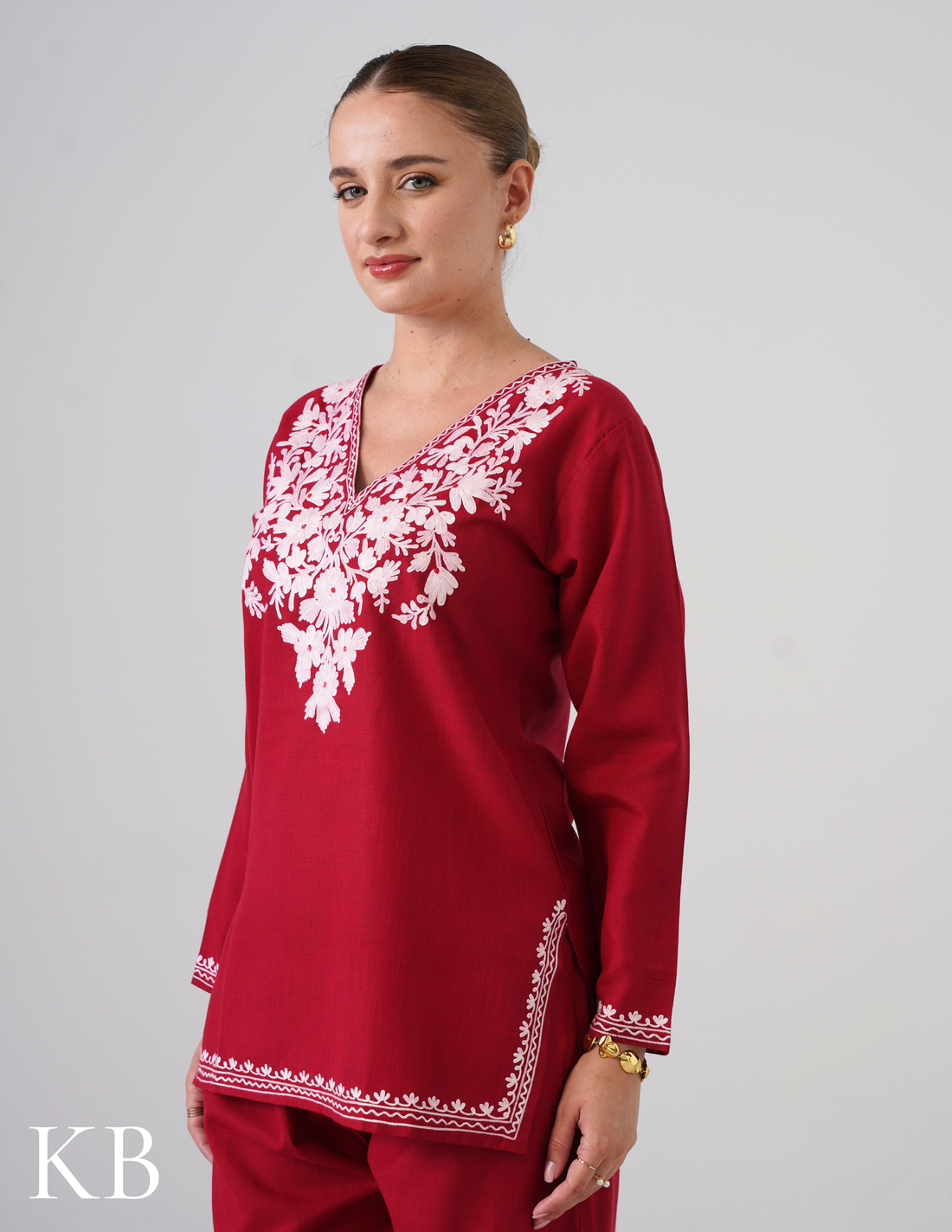 Blush Maroon Embroidered Coord Set For Women - Cotton Aari Work