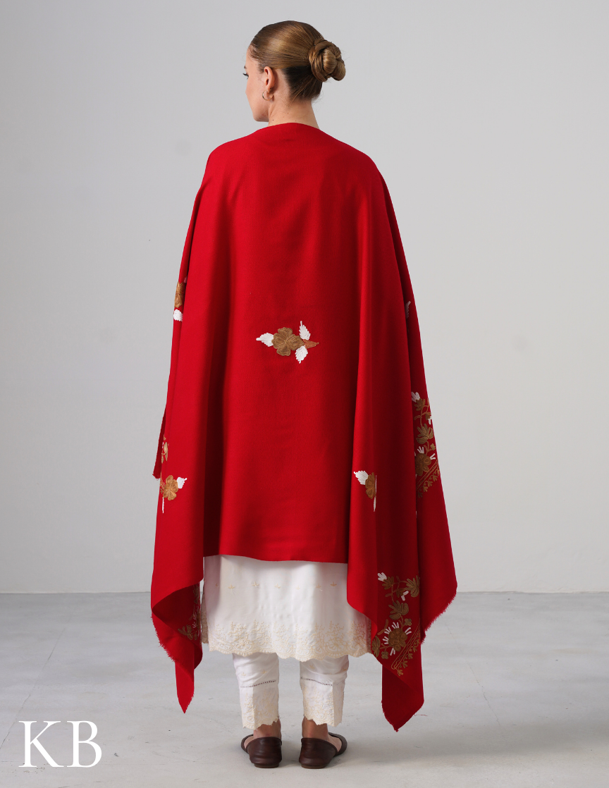 Cherry Red Woollen Shawl with White & Golden Brown Aari Embroidery | Kashmiri Craft Meets Comfort - Kashmir Box