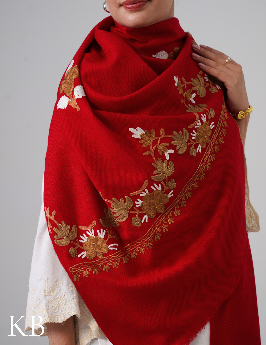 Cherry Red Woollen Shawl with White & Golden Brown Aari Embroidery | Kashmiri Craft Meets Comfort - Kashmir Box