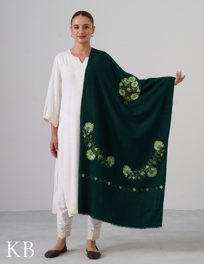 Avocado Green Woollen Stole with Pastel Aari Embroidery | Everyday Kashmiri Craft - Kashmir Box