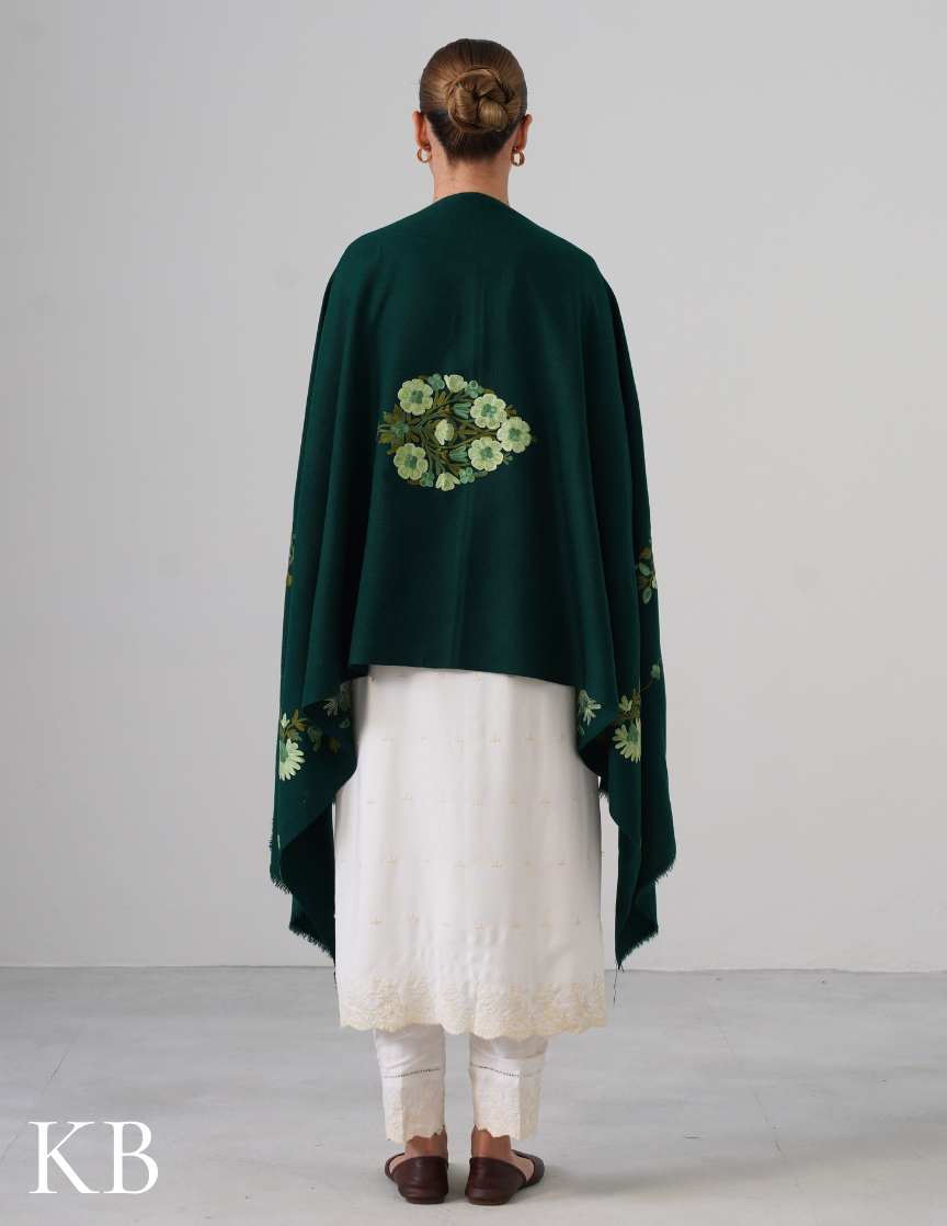 Avocado Green Woollen Stole with Pastel Aari Embroidery | Everyday Kashmiri Craft - Kashmir Box