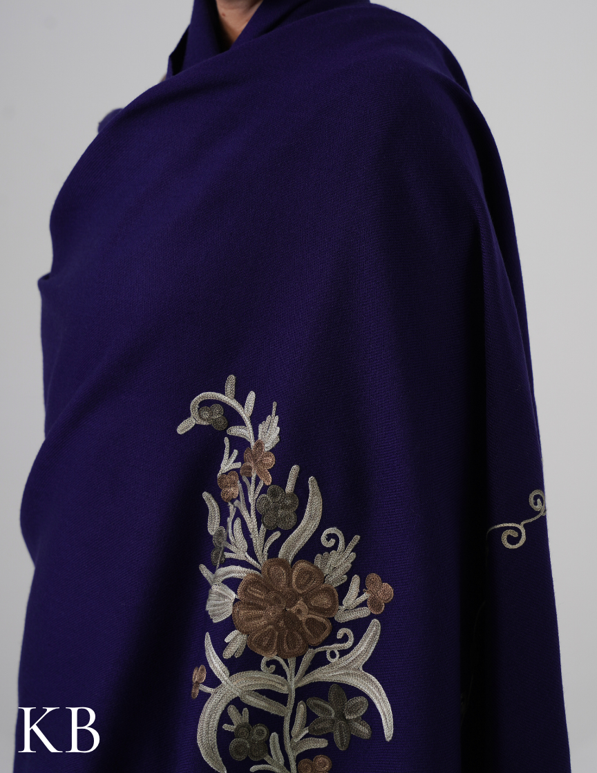 Royal Blue Woollen Shawl with Olive Aari Embroidery | Handcrafted Kashmiri Detail - Kashmir Box