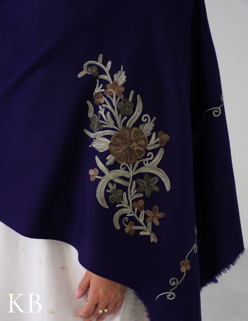 Royal Blue Woollen Shawl with Olive Aari Embroidery | Handcrafted Kashmiri Detail - Kashmir Box