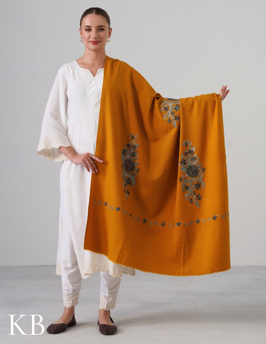 Mustard Woollen Shawl with Shades of Grey Aari Embroidery | Everyday Kashmiri Art - Kashmir Box