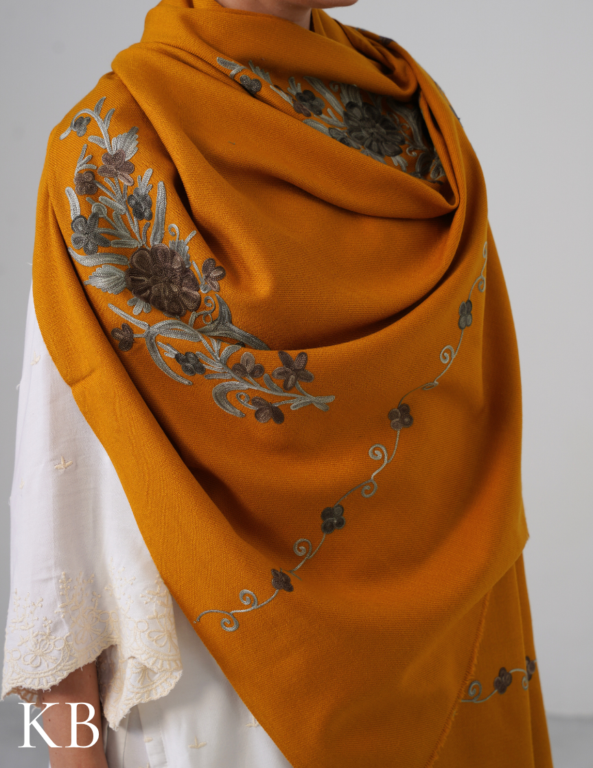 Mustard Woollen Shawl with Shades of Grey Aari Embroidery | Everyday Kashmiri Art - Kashmir Box