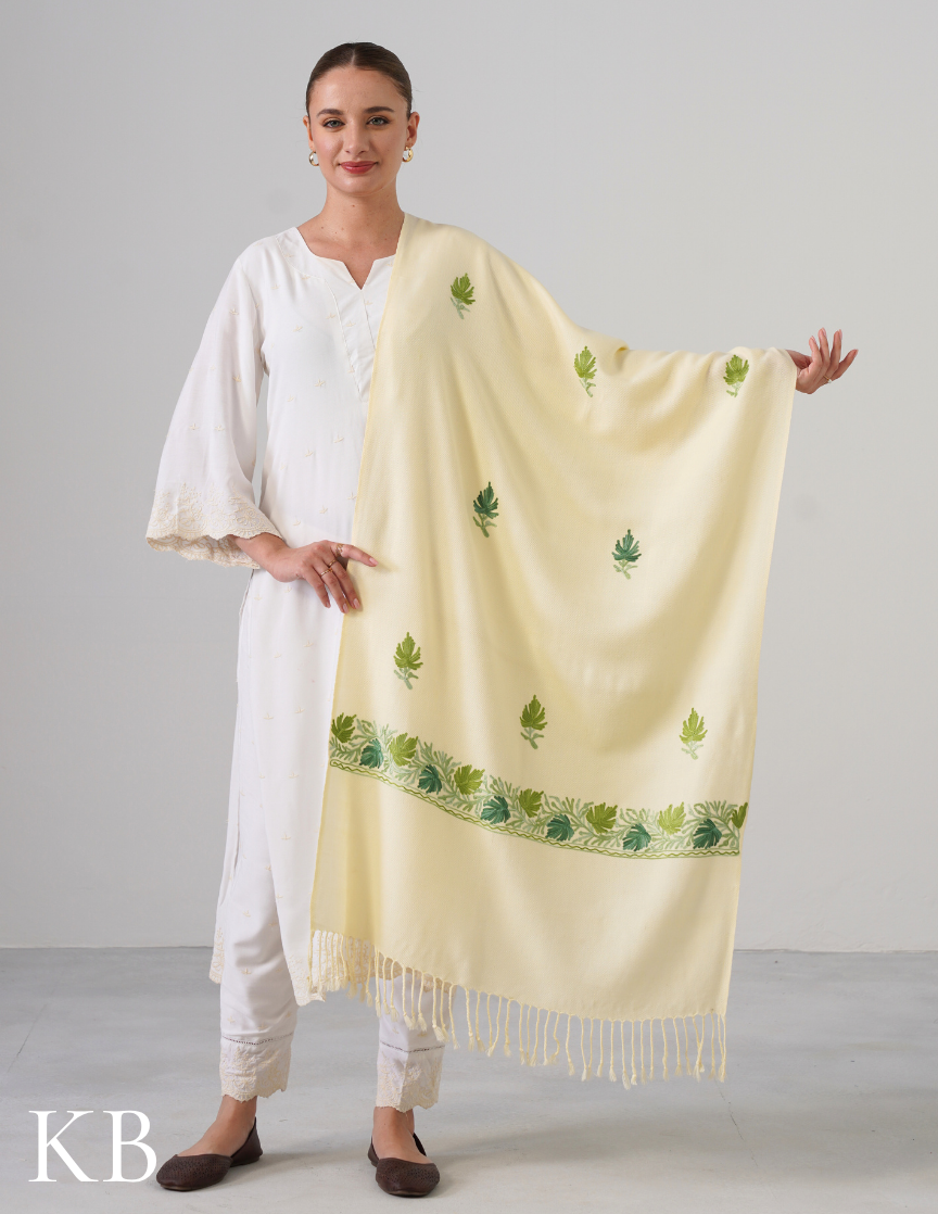 Butter Cream Woollen Stole with Shades of Green Aari Embroidery | Subtle Kashmiri Detailing - Kashmir Box