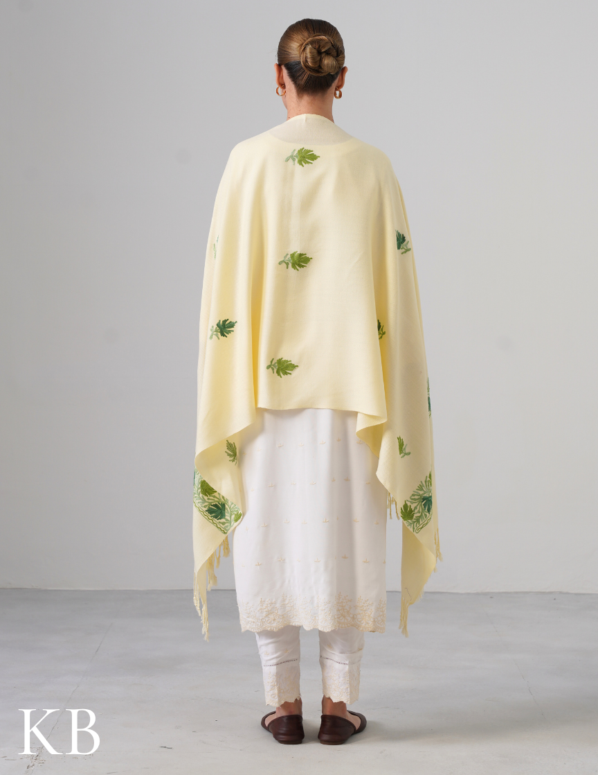 Butter Cream Woollen Stole with Shades of Green Aari Embroidery | Subtle Kashmiri Detailing - Kashmir Box