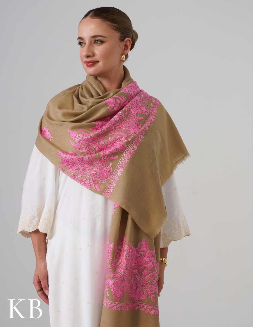 Natural Woollen Stole with Pink Aari Embroidery | Soft and Subtle - Kashmir Box