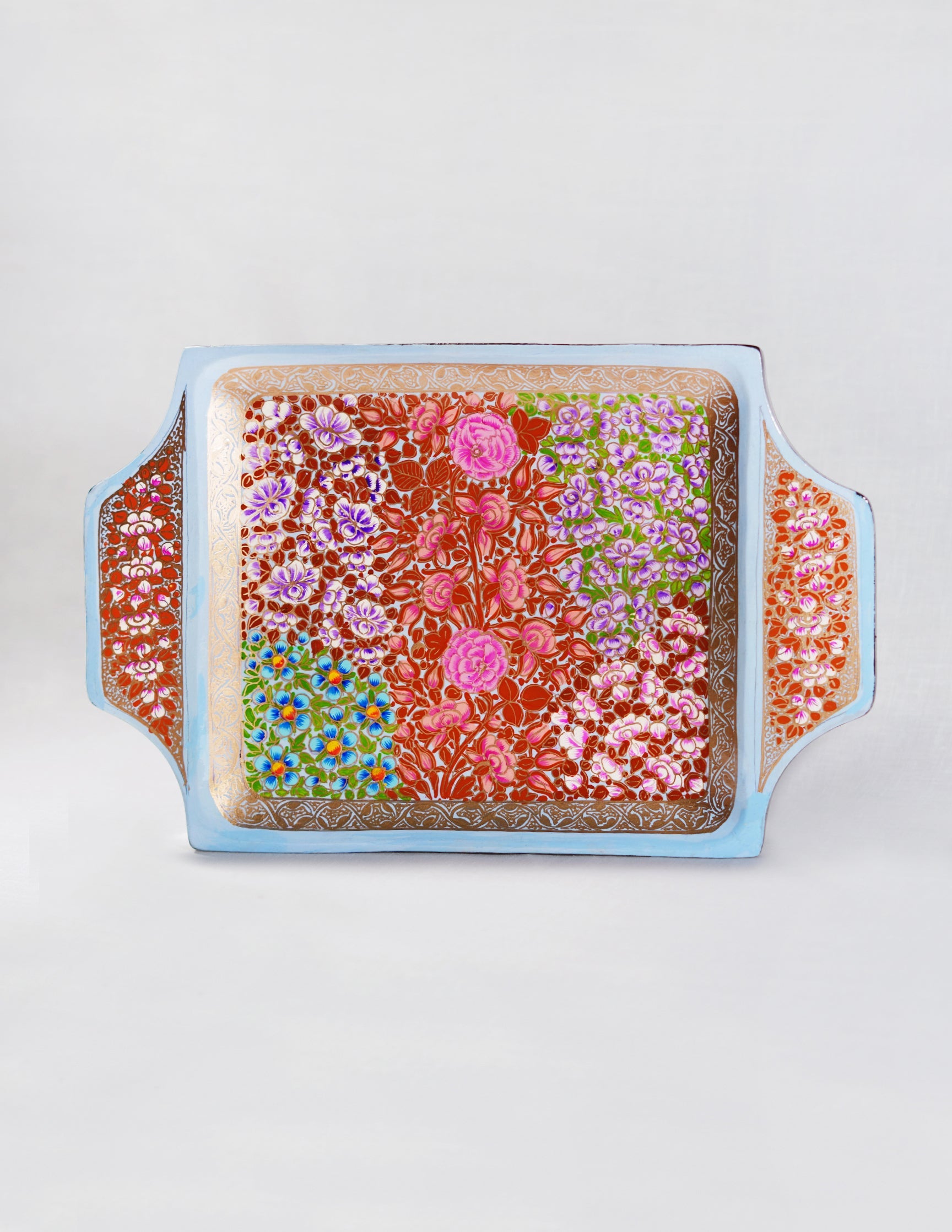 Papier-Mâché Tray with Handle — Hand-Painted Design | 19.5 cm (L) × 30.3 cm (B) × 2.5 cm (H)