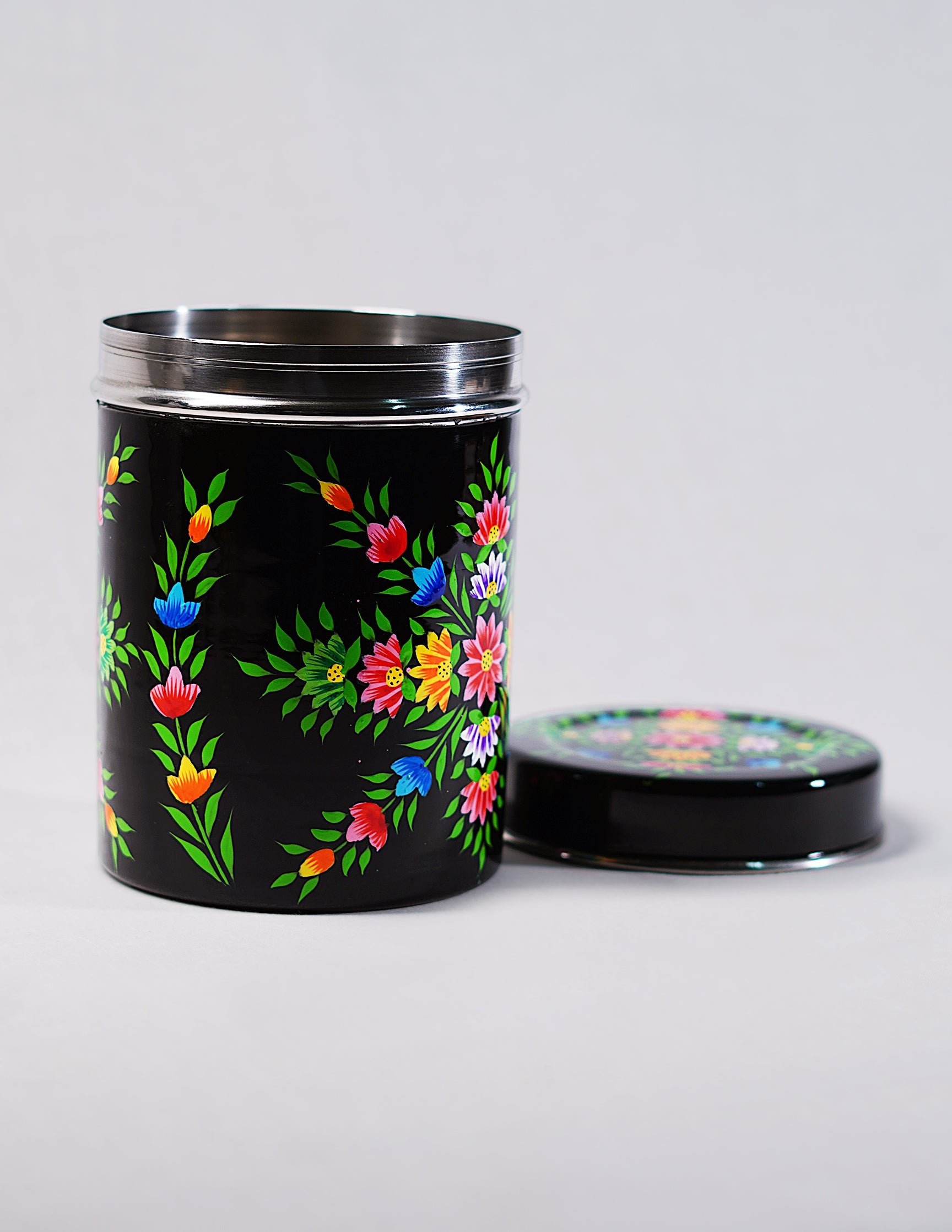 Papier-Mâché Canister Box — Hand-Painted Design | Ø 10.5 cm × 15 cm (H)