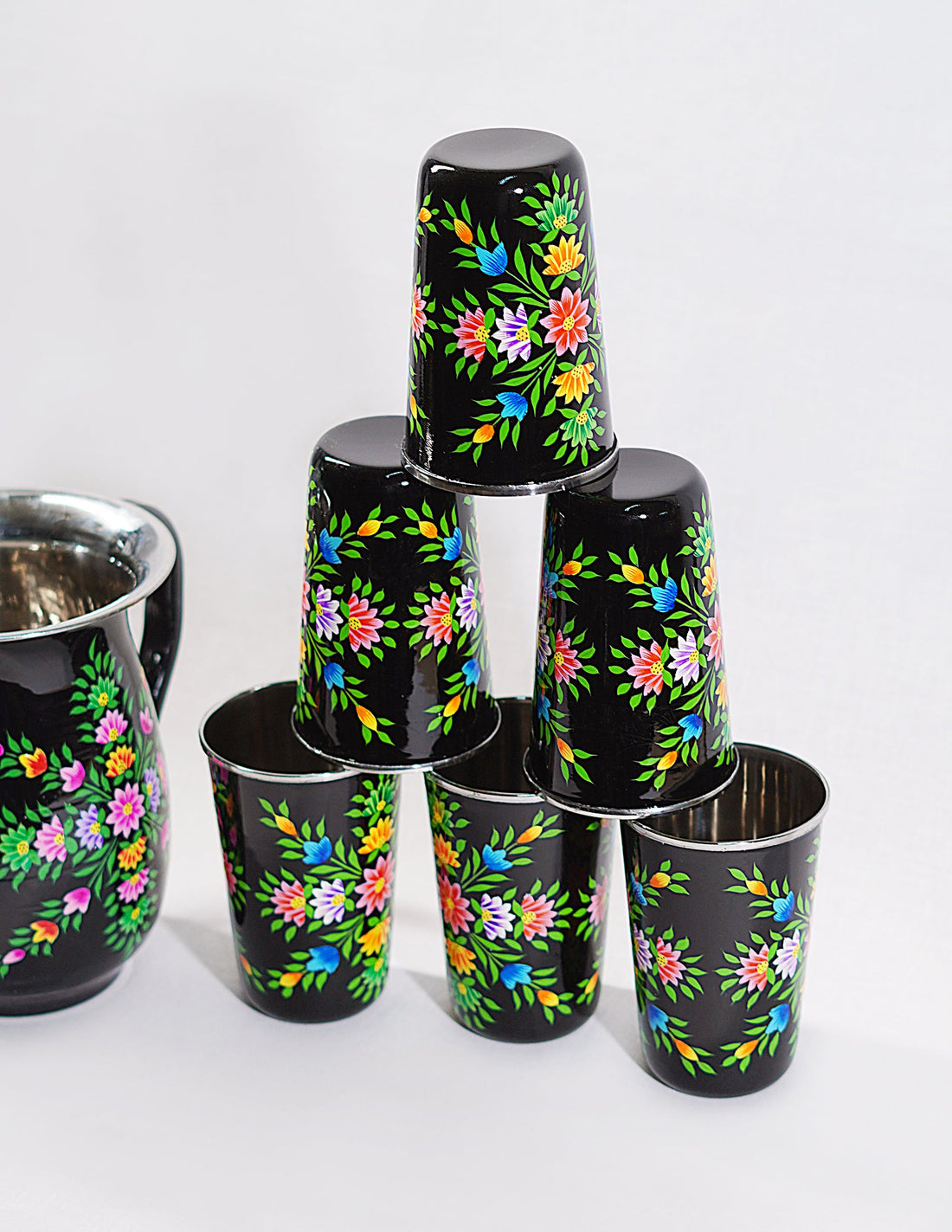 Papier-Mâché Jug Set — Hand-Painted Design | Jug Ø 14 cm × 18 cm | Glass Ø 8 cm × 12 cm