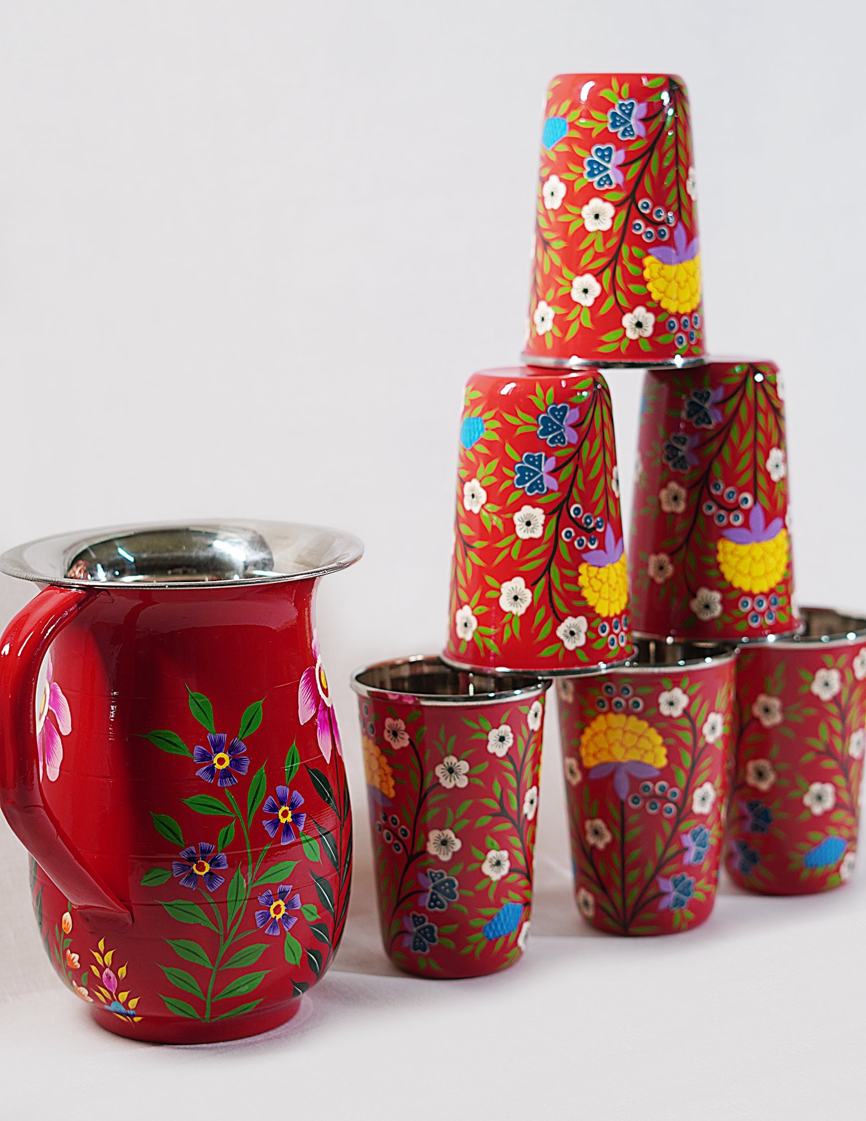 Papier-Mâché Glass Set (Set of 6) — Hand-Painted Design | Ø 8 cm × 12 cm (H)
