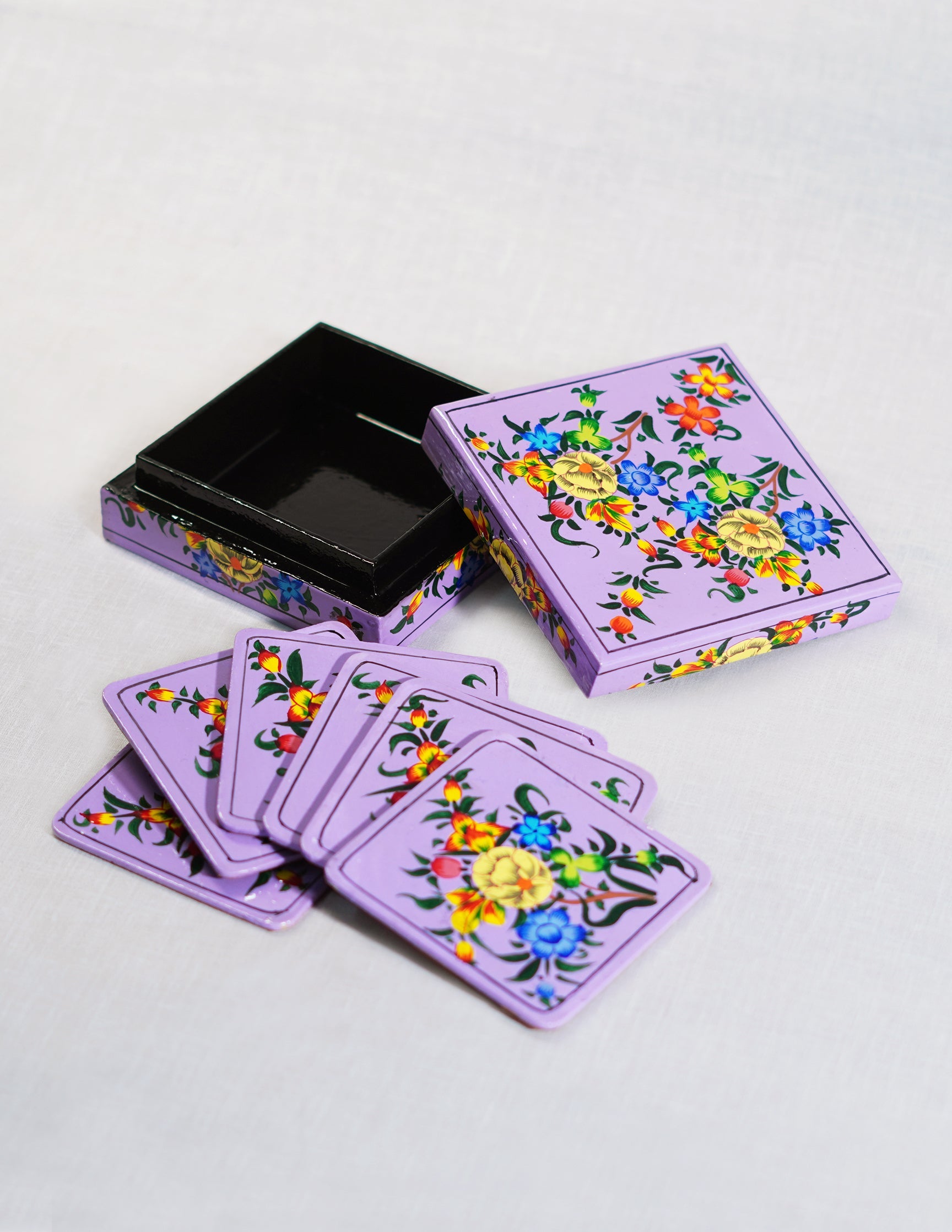 Papier-Mâché Coaster Set — Hand-Painted Design | 11 cm (L) × 11 cm (B) × 3.5 cm (H)