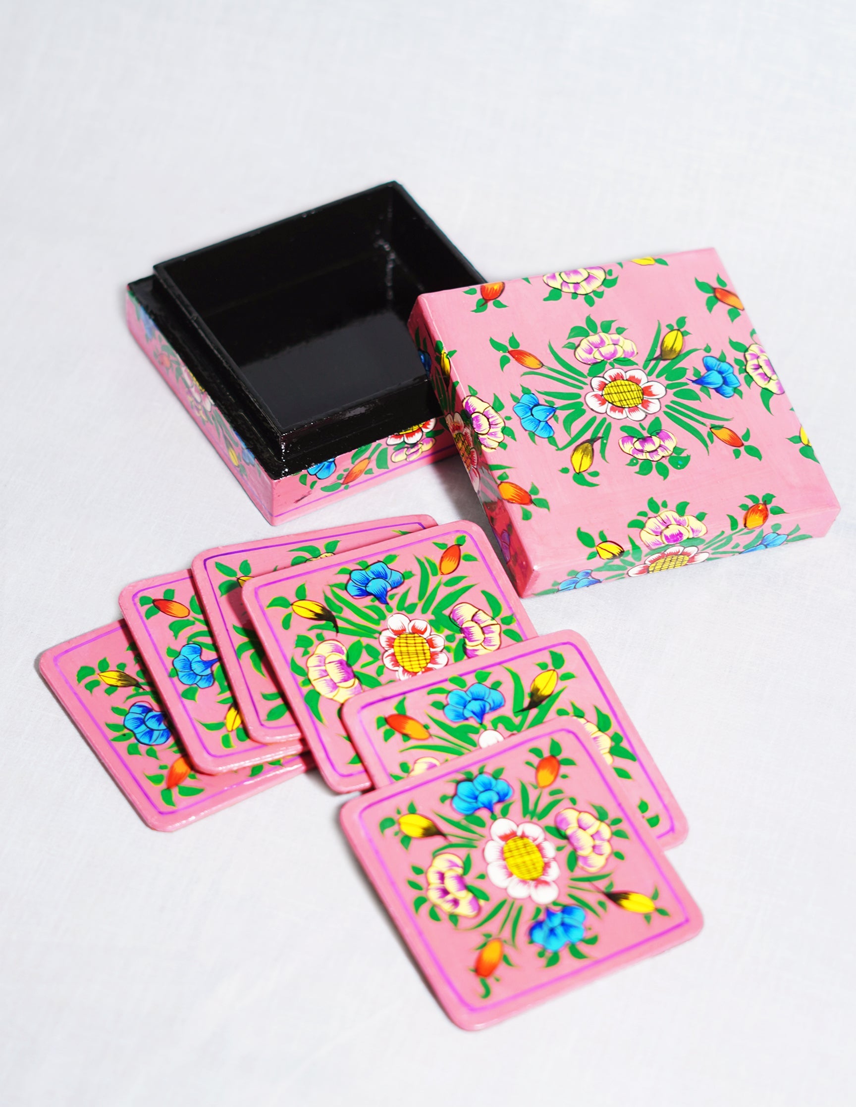 Papier-Mâché Coaster Set — Hand-Painted Design | 11 cm (L) × 11 cm (B) × 3.5 cm (H)