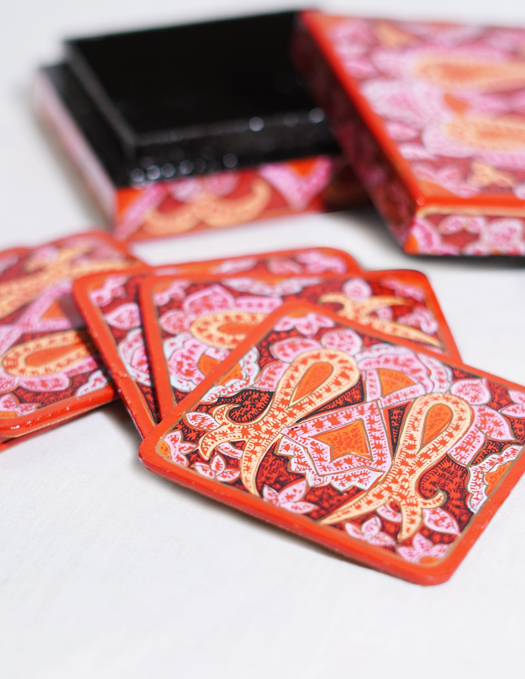 Papier-Mâché Coaster Set — Hand-Painted Design | 11 cm (L) × 11 cm (B) × 3.5 cm (H)