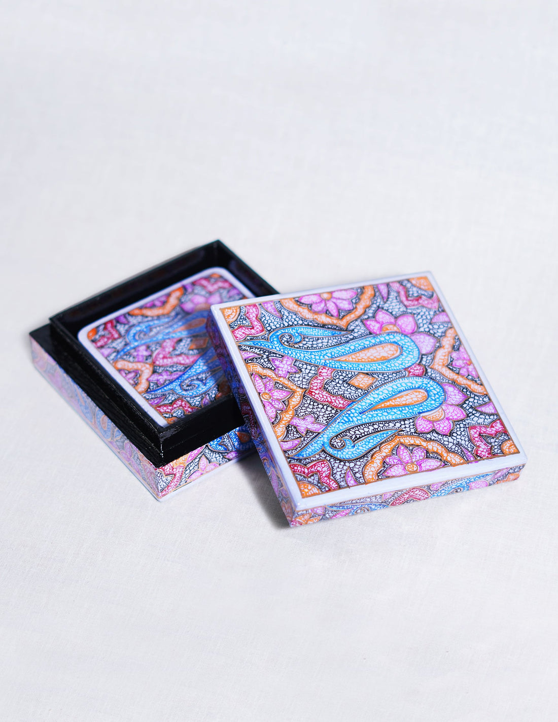 Papier-Mâché Coaster Set — Hand-Painted Design | 11 cm (L) × 11 cm (B) × 3.5 cm (H)
