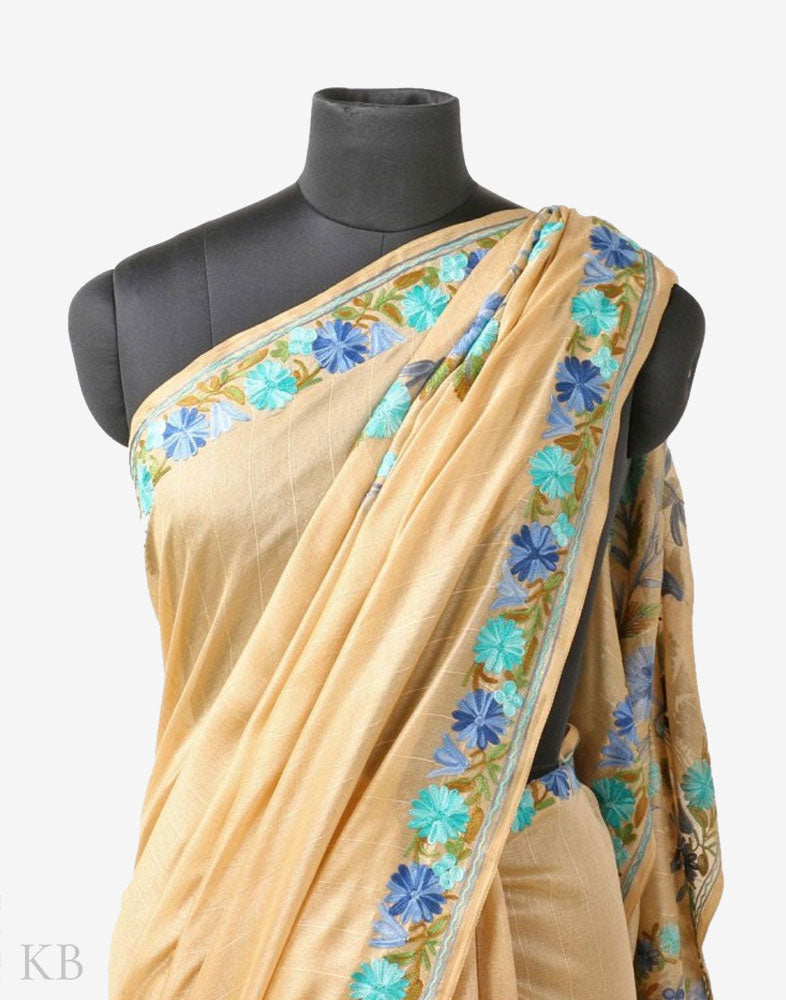 Golden Tan Flowery Pallu Aari Embroidered Silk Saree - Kashmir Box