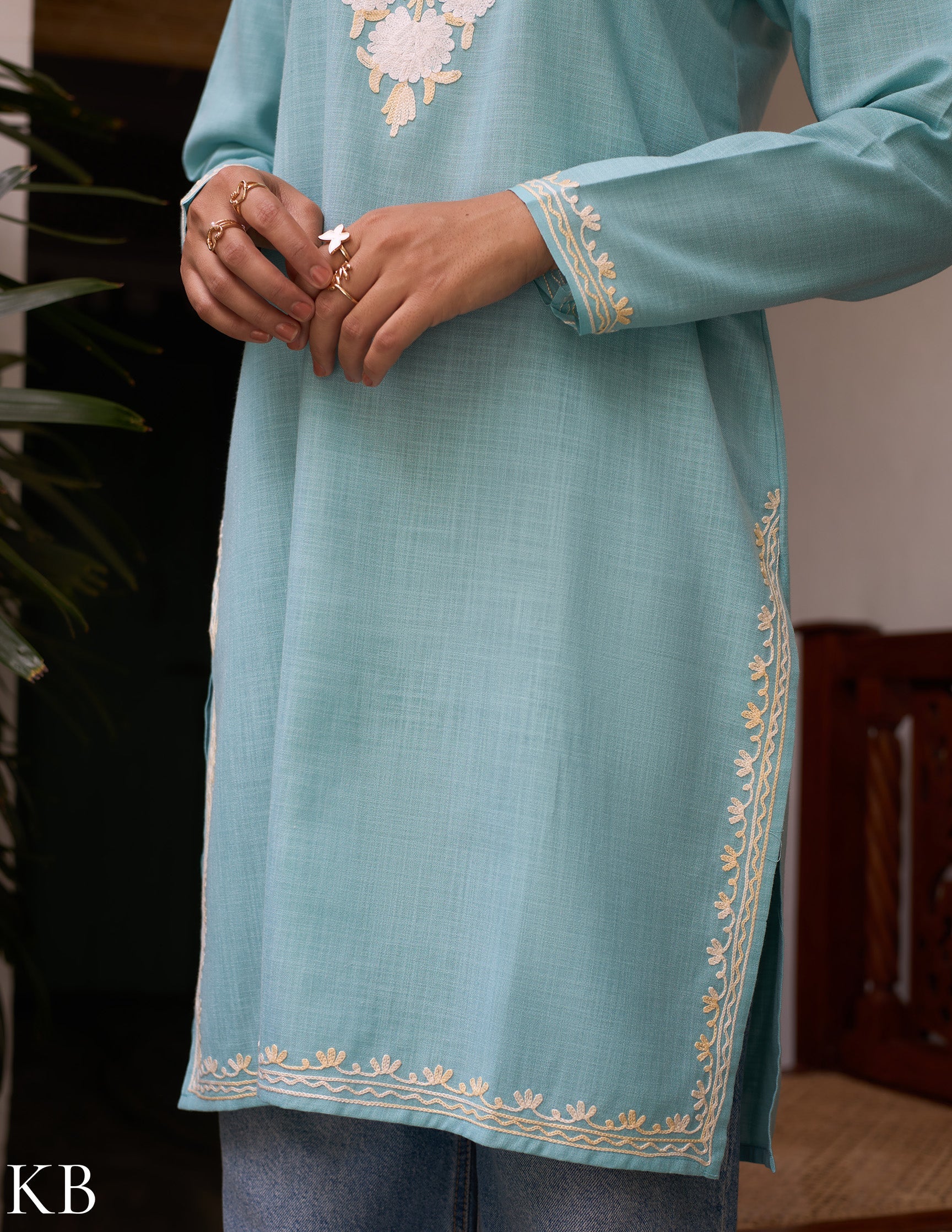 Nigeen Kashmiri Aari Sky Blue Kurti - Kashmir Box