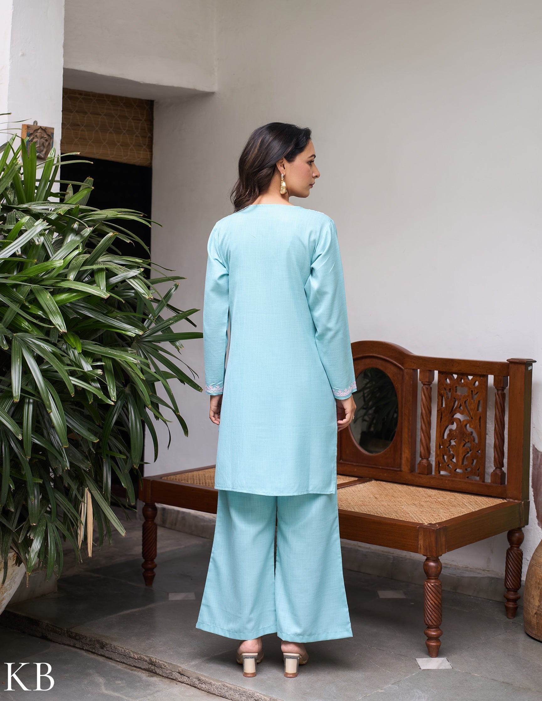 Nigeen Kashmiri Aari Sky Blue Co-ord Set - Kashmir Box