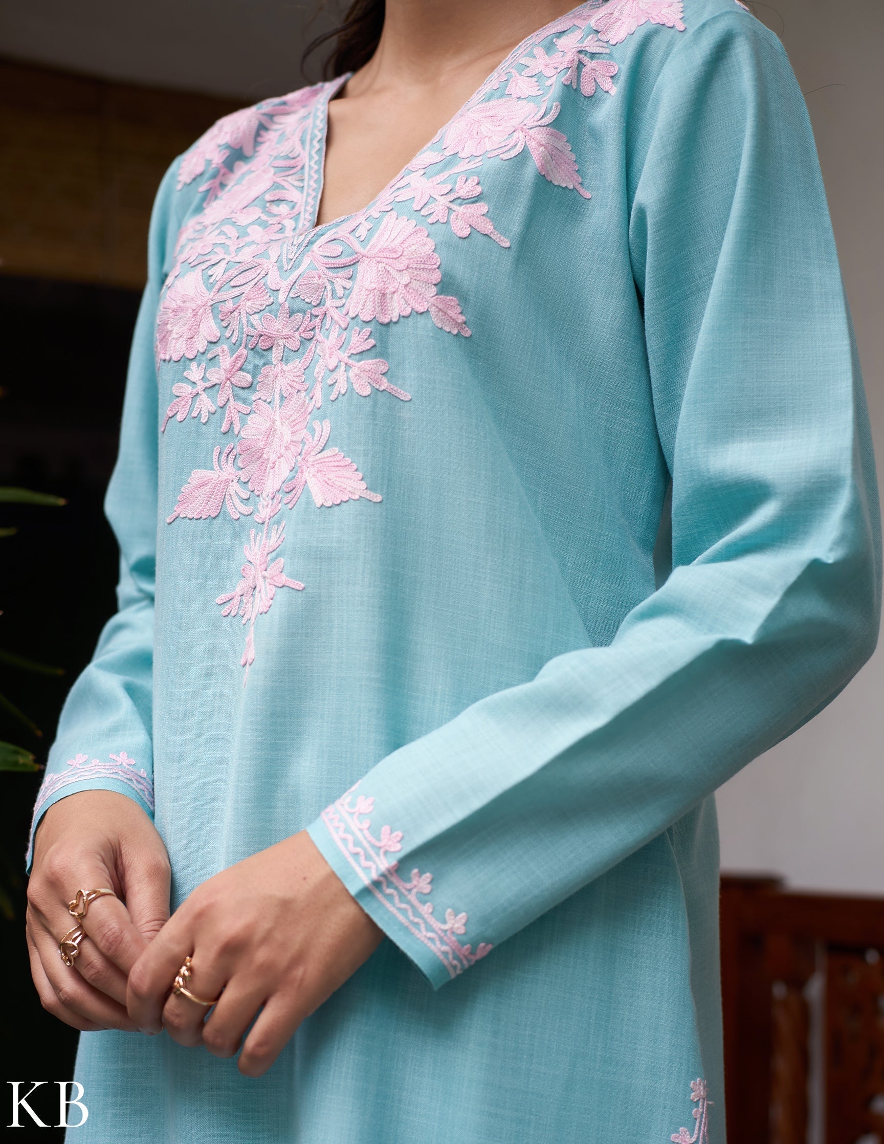 Nigeen Kashmiri Aari Sky Blue Co-ord Set - Kashmir Box