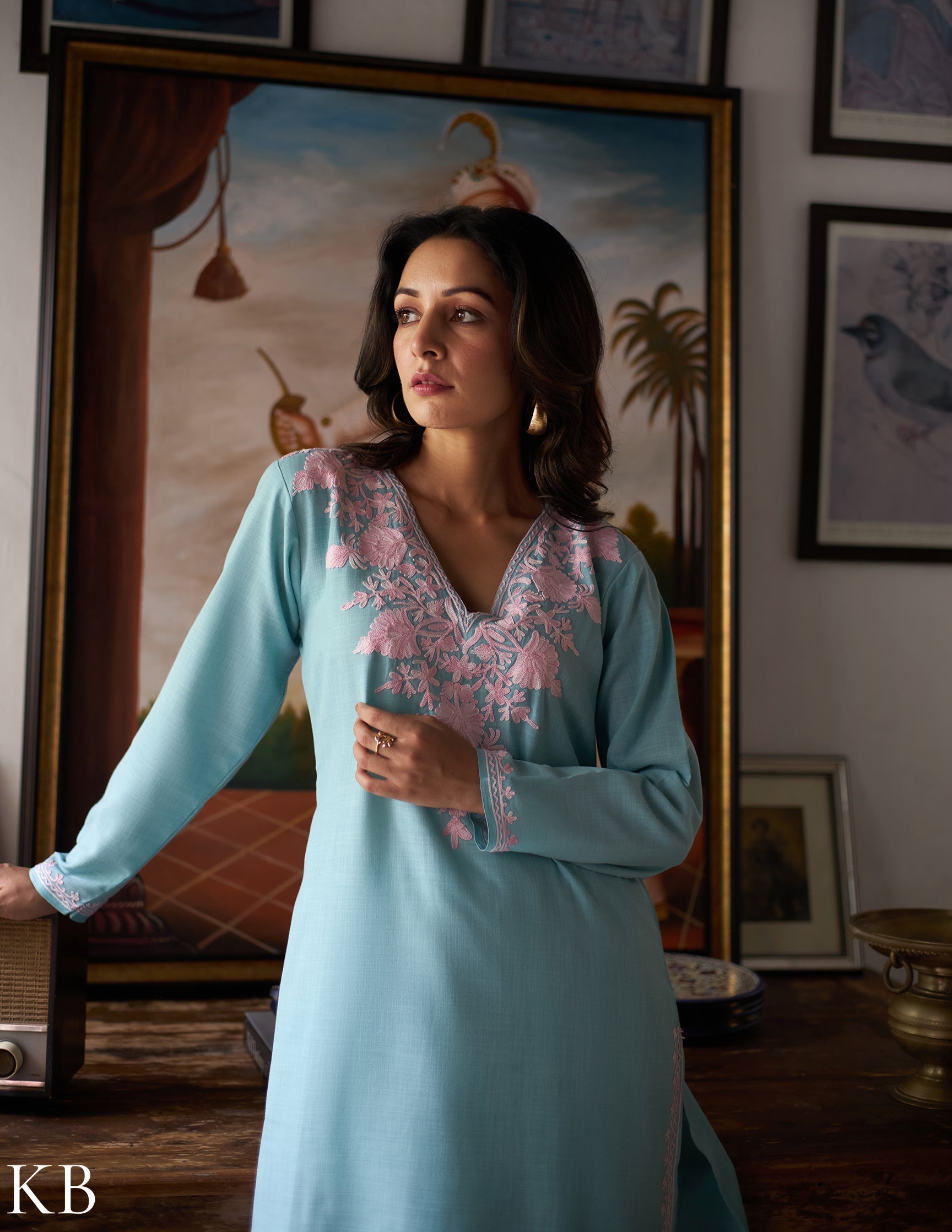 Nigeen Kashmiri Aari Sky Blue Co-ord Set - Kashmir Box