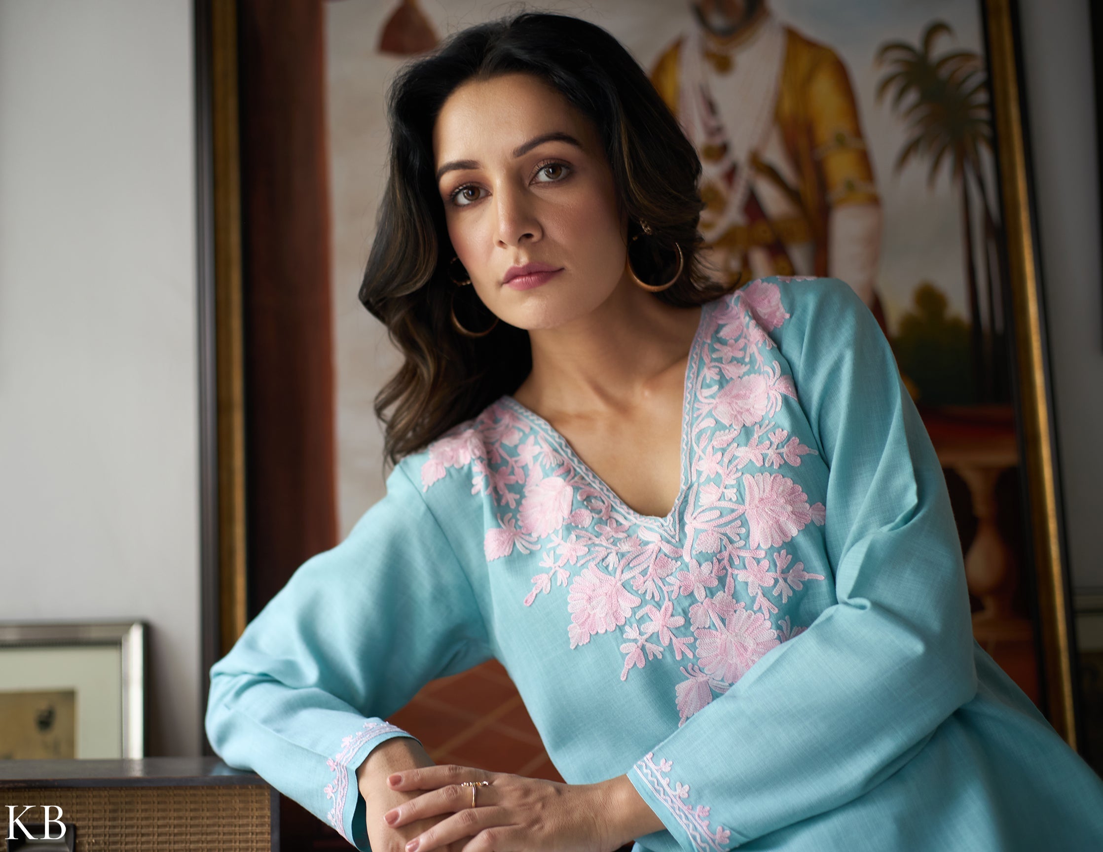 Nigeen Kashmiri Aari Sky Blue Co-ord Set - Kashmir Box