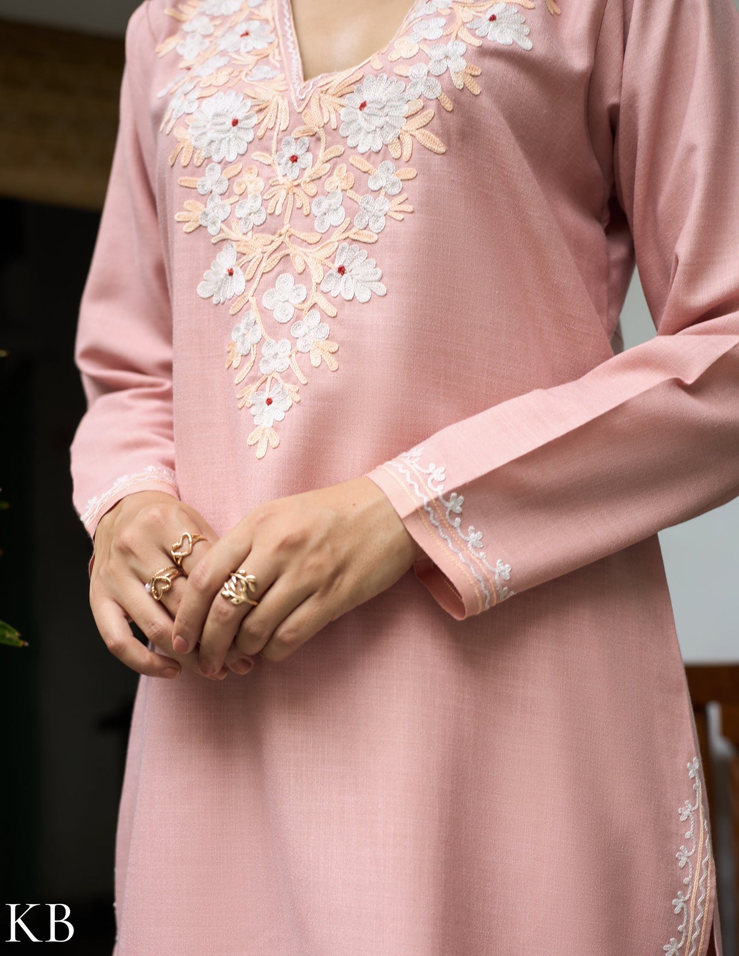 Nigeen Kashmiri Aari Dusky  Pink Co-ord Set - Kashmir Box