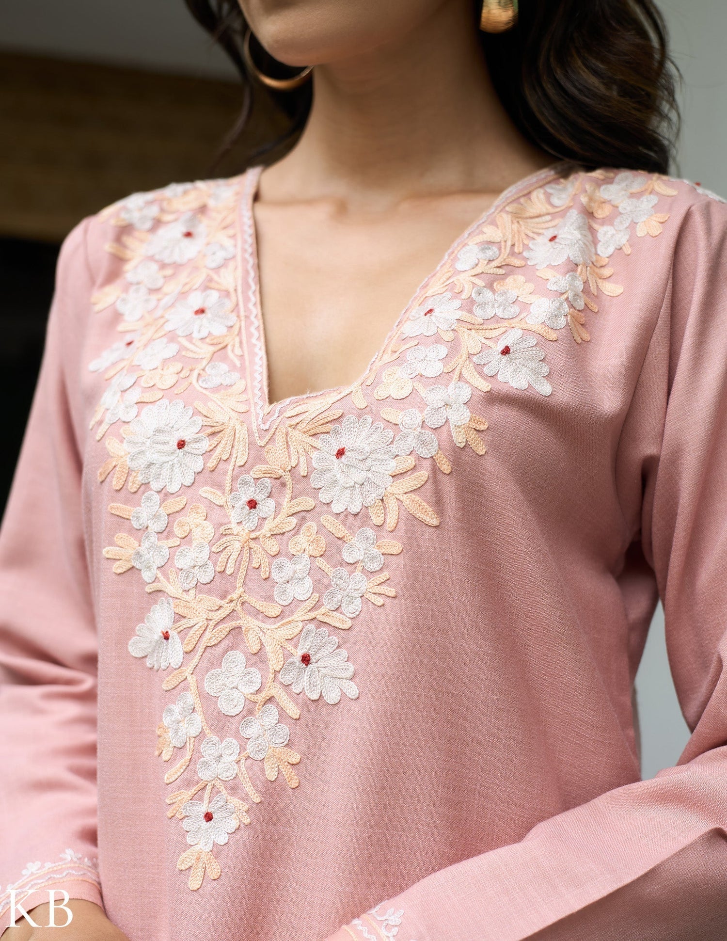 Nigeen Kashmiri Aari Dusky  Pink Co-ord Set - Kashmir Box