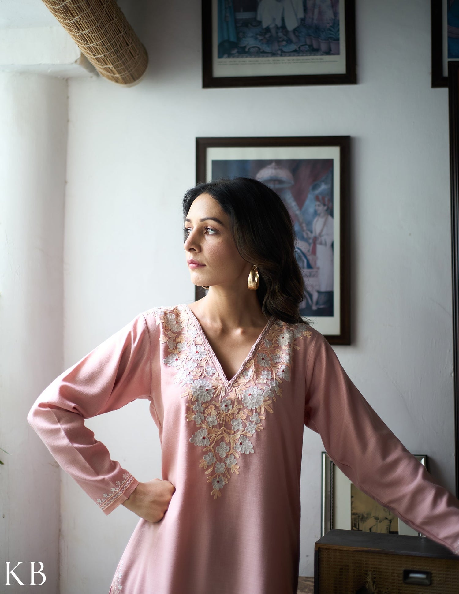 Nigeen Kashmiri Aari Dusky  Pink Co-ord Set - Kashmir Box