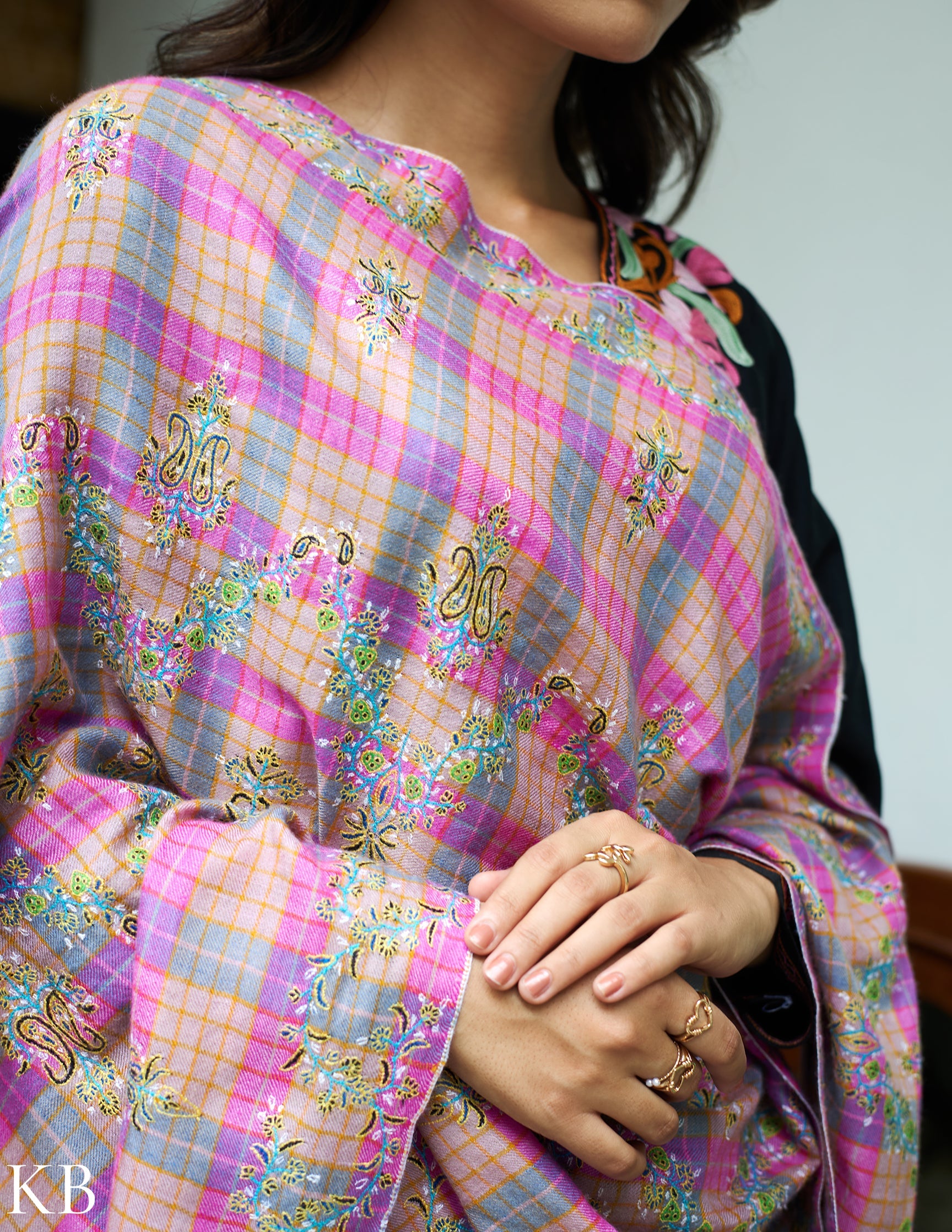 Modern Squares Handwoven Sozni Floral Embroidered Pashmina Stole - Kashmir Box