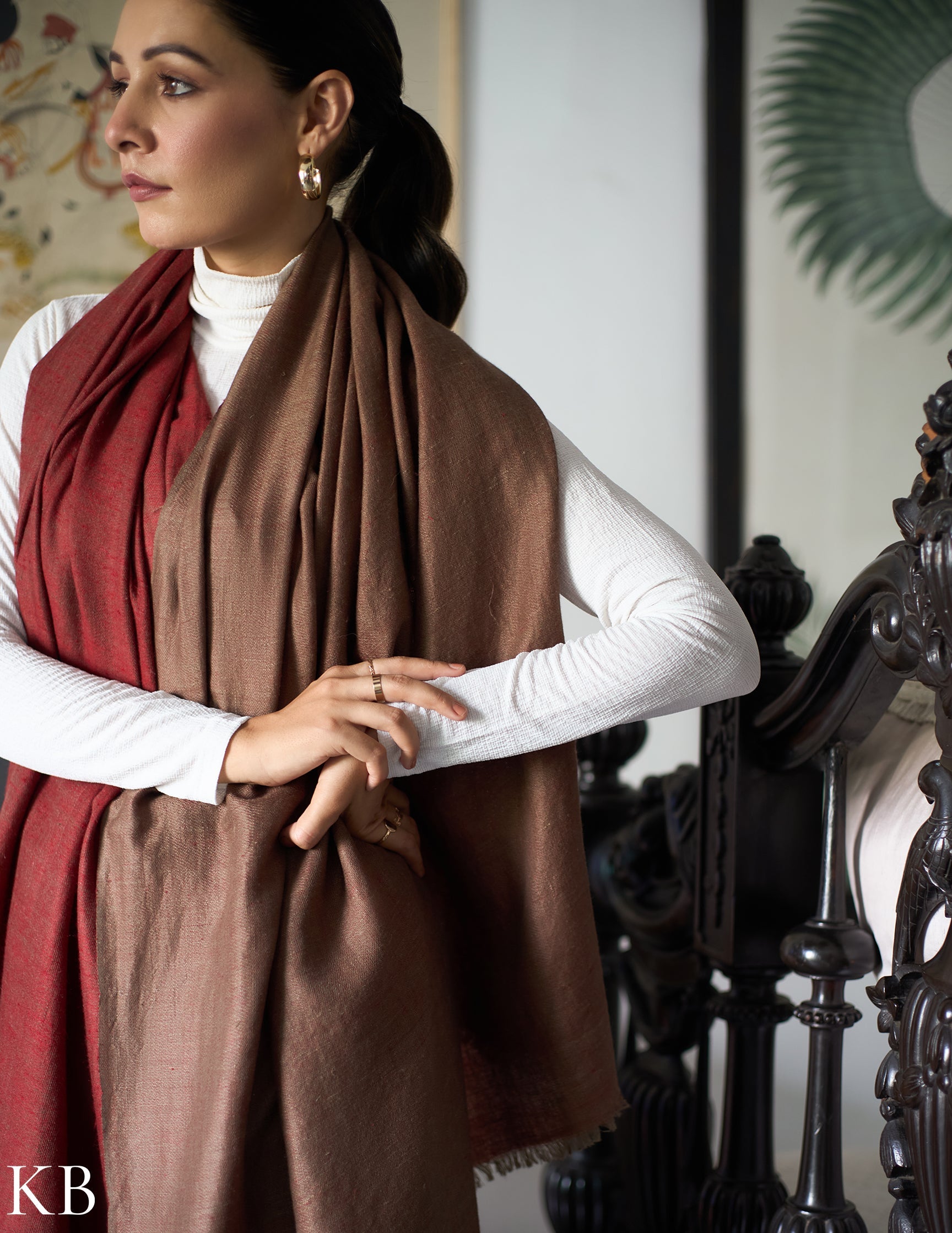 Brownish Red Handwoven Reversible Cashmere Pashmina Shawl - Kashmir Box
