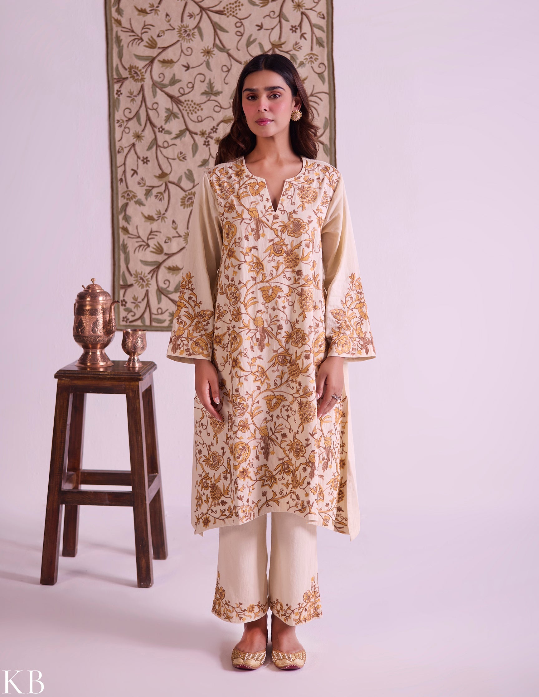 Yellow Cotton Satin Suit Set with Fine Aari Embroidery & Organza Dupatta — Bulbul Collection | Kashmiri Summer Festive Wear - Kashmir Box