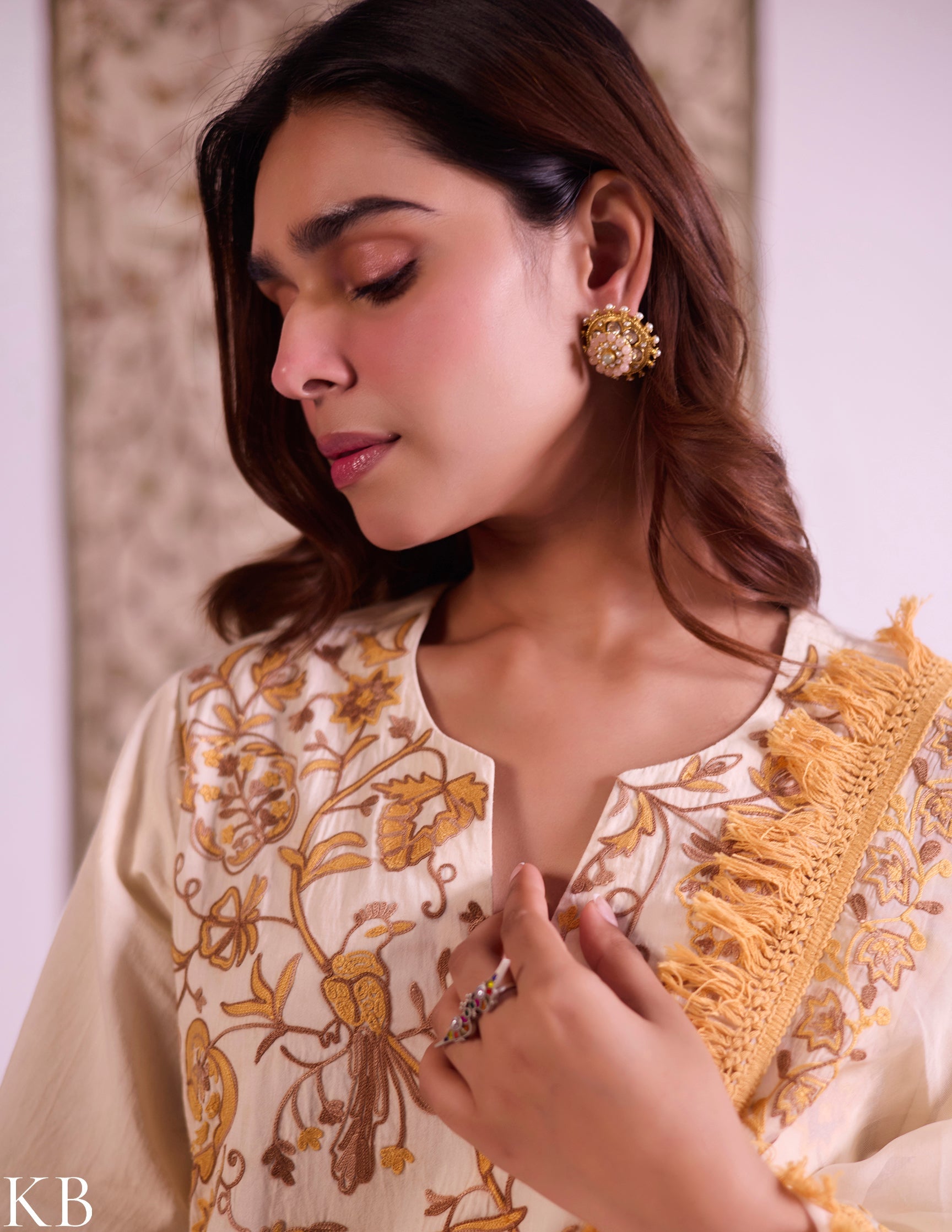 Yellow Cotton Satin Suit Set with Fine Aari Embroidery & Organza Dupatta — Bulbul Collection | Kashmiri Summer Festive Wear - Kashmir Box