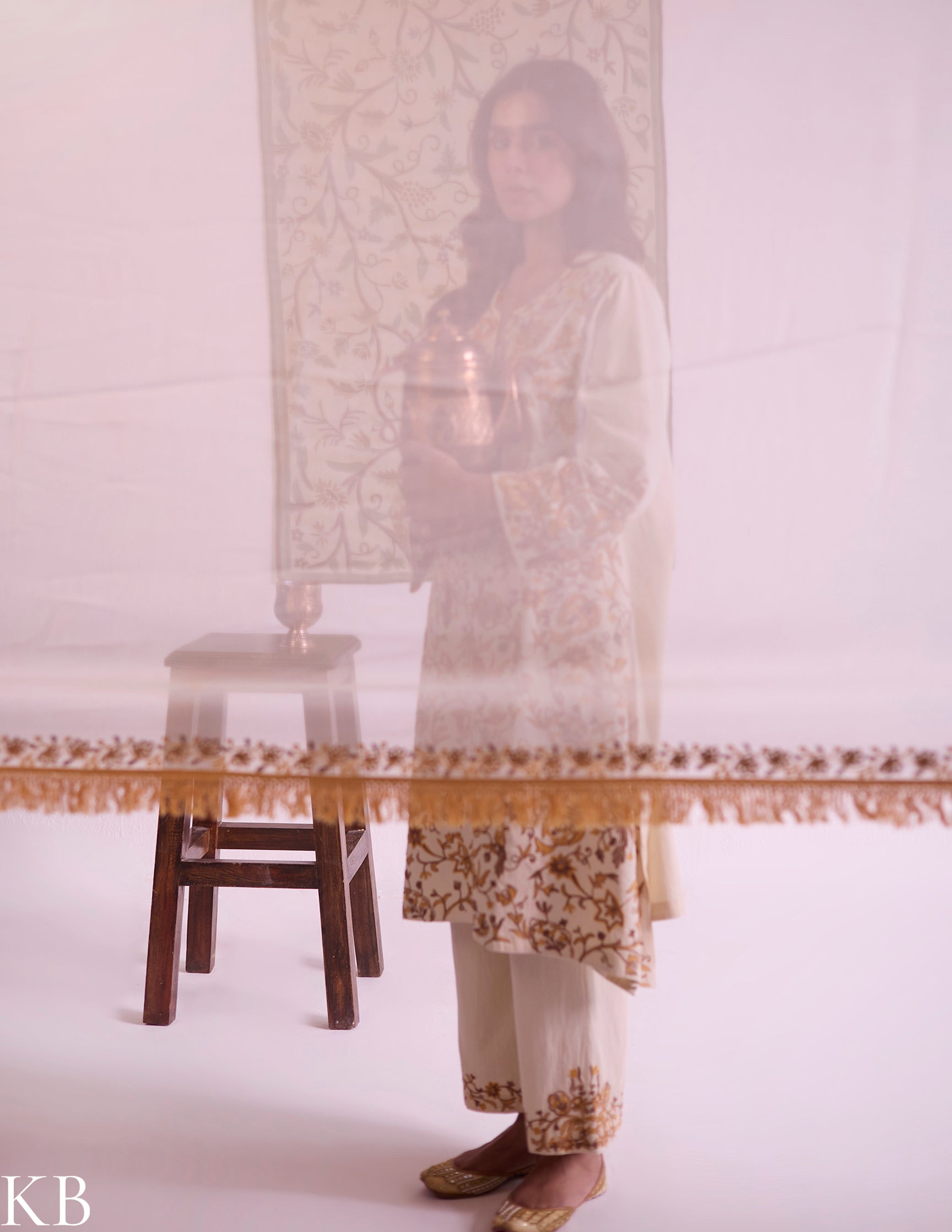 Yellow Cotton Satin Suit Set with Fine Aari Embroidery & Organza Dupatta — Bulbul Collection | Kashmiri Summer Festive Wear - Kashmir Box