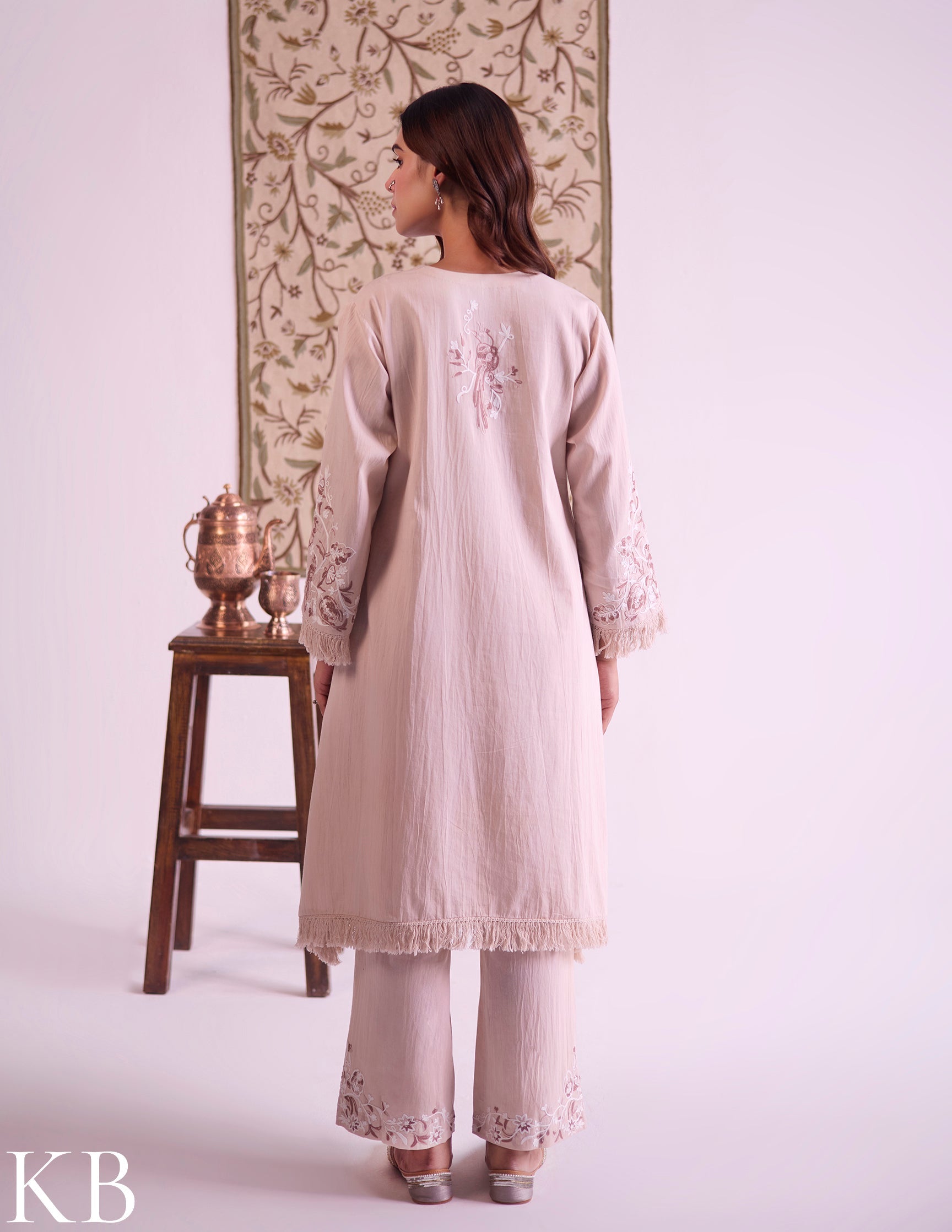 Beige Cotton Satin Suit Set with Fine Aari Embroidery & Organza Dupatta — Bulbul Collection | Kashmiri Summer Festive Wear - Kashmir Box