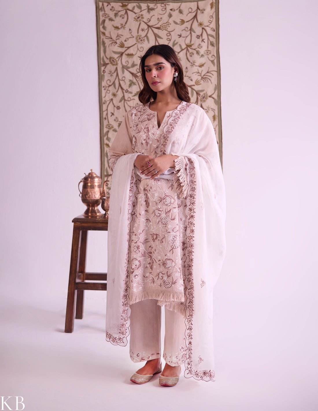 Beige Cotton Satin Suit Set with Fine Aari Embroidery & Organza Dupatta — Bulbul Collection | Kashmiri Summer Festive Wear - Kashmir Box
