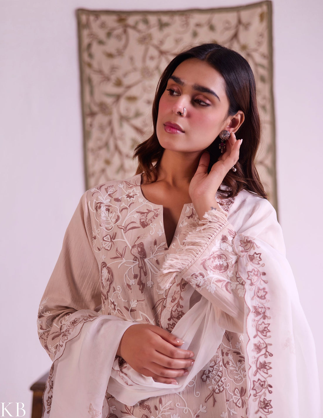Beige Cotton Satin Suit Set with Fine Aari Embroidery & Organza Dupatta — Bulbul Collection | Kashmiri Summer Festive Wear - Kashmir Box