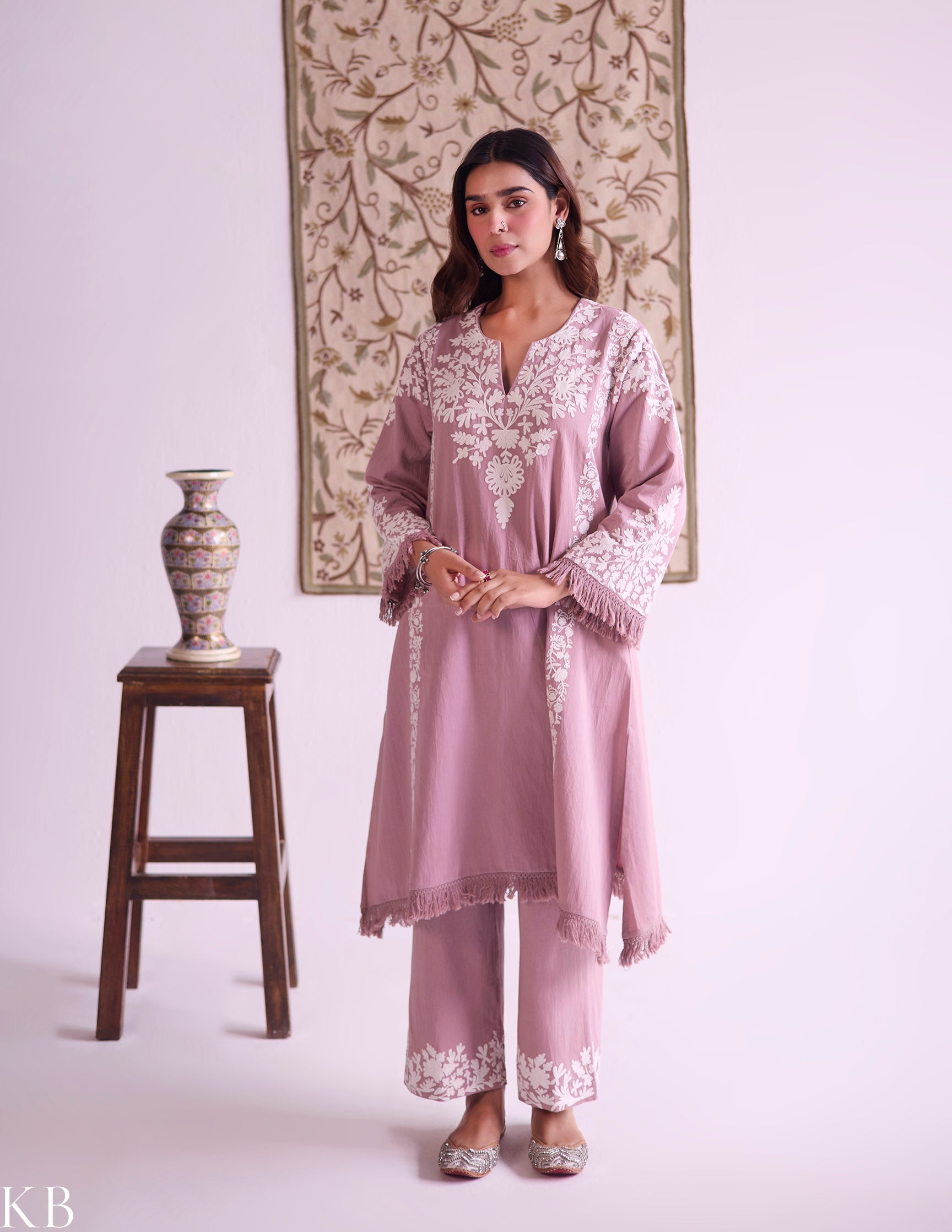Mauve Cotton Satin Suit Set with Fine Aari Embroidery & Organza Dupatta — Bulbul Collection | Kashmiri Summer Festive Wear - Kashmir Box