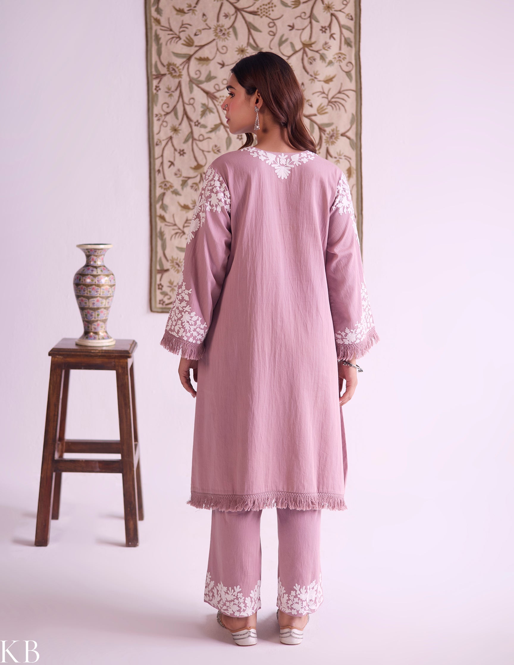 Mauve Cotton Satin Suit Set with Fine Aari Embroidery & Organza Dupatta — Bulbul Collection | Kashmiri Summer Festive Wear - Kashmir Box