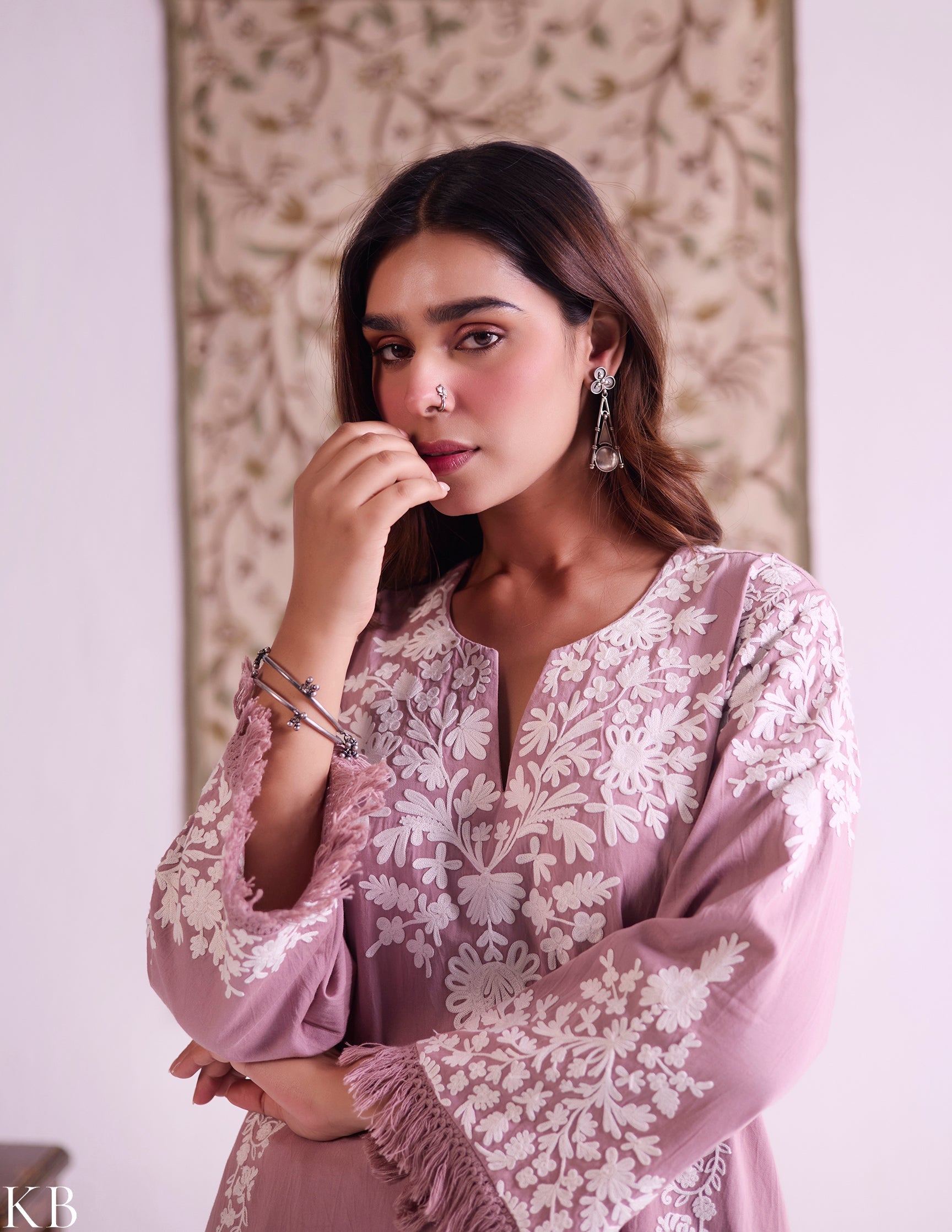 Mauve Cotton Satin Suit Set with Fine Aari Embroidery & Organza Dupatta — Bulbul Collection | Kashmiri Summer Festive Wear - Kashmir Box