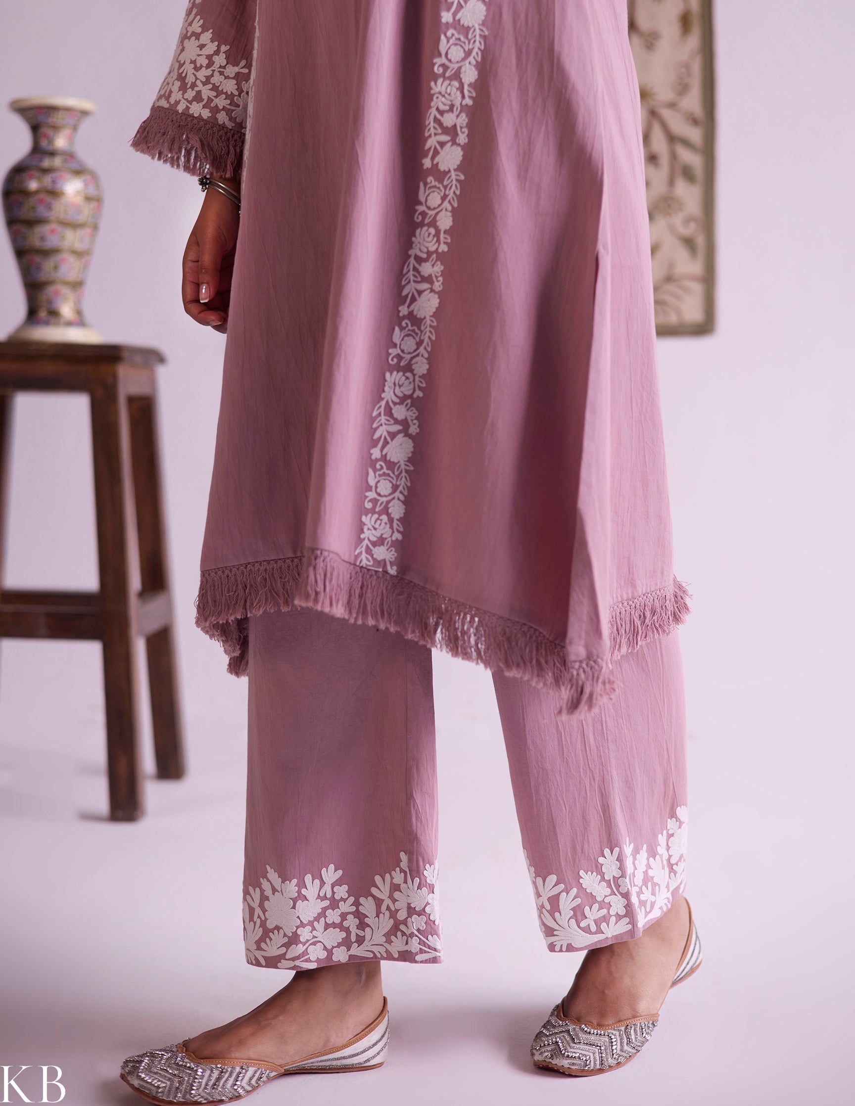 Mauve Cotton Satin Suit Set with Fine Aari Embroidery & Organza Dupatta — Bulbul Collection | Kashmiri Summer Festive Wear - Kashmir Box