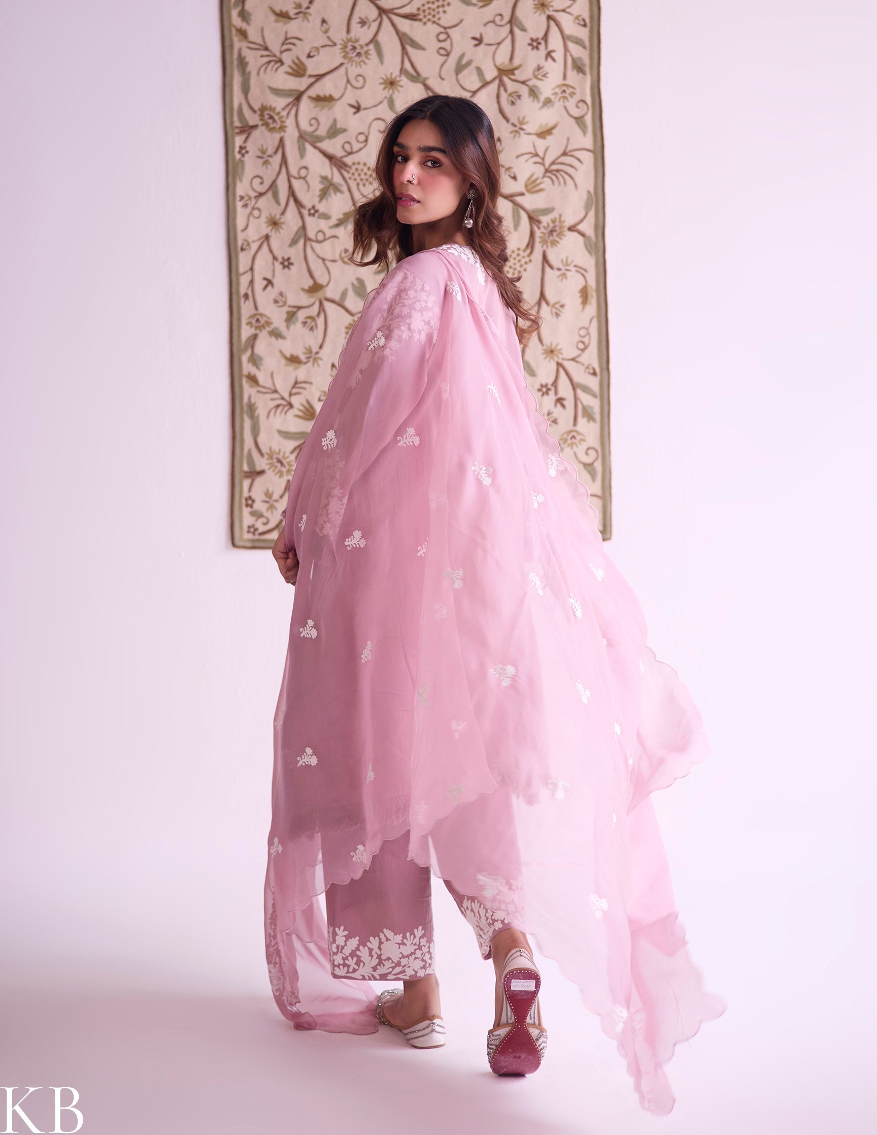 Mauve Cotton Satin Suit Set with Fine Aari Embroidery & Organza Dupatta — Bulbul Collection | Kashmiri Summer Festive Wear - Kashmir Box