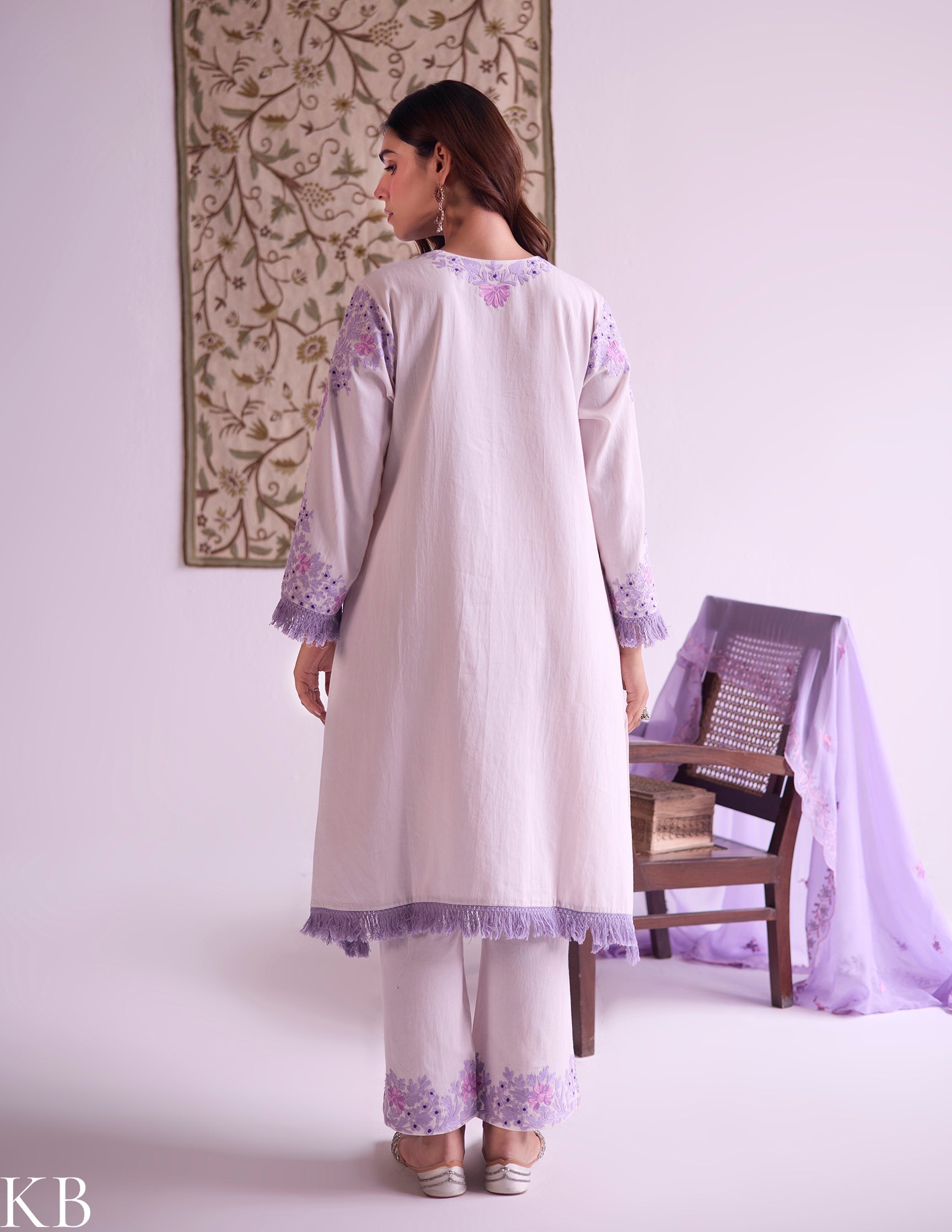 Baby Pink Cotton Satin Suit Set with Fine Aari Embroidery & Violet Organza Dupatta — Bulbul Collection | Kashmiri Summer Festive Wear - Kashmir Box