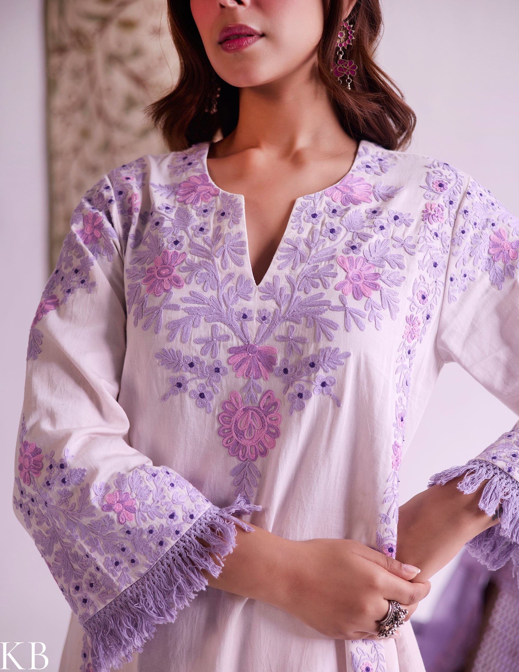 Baby Pink Cotton Satin Suit Set with Fine Aari Embroidery & Violet Organza Dupatta — Bulbul Collection | Kashmiri Summer Festive Wear - Kashmir Box