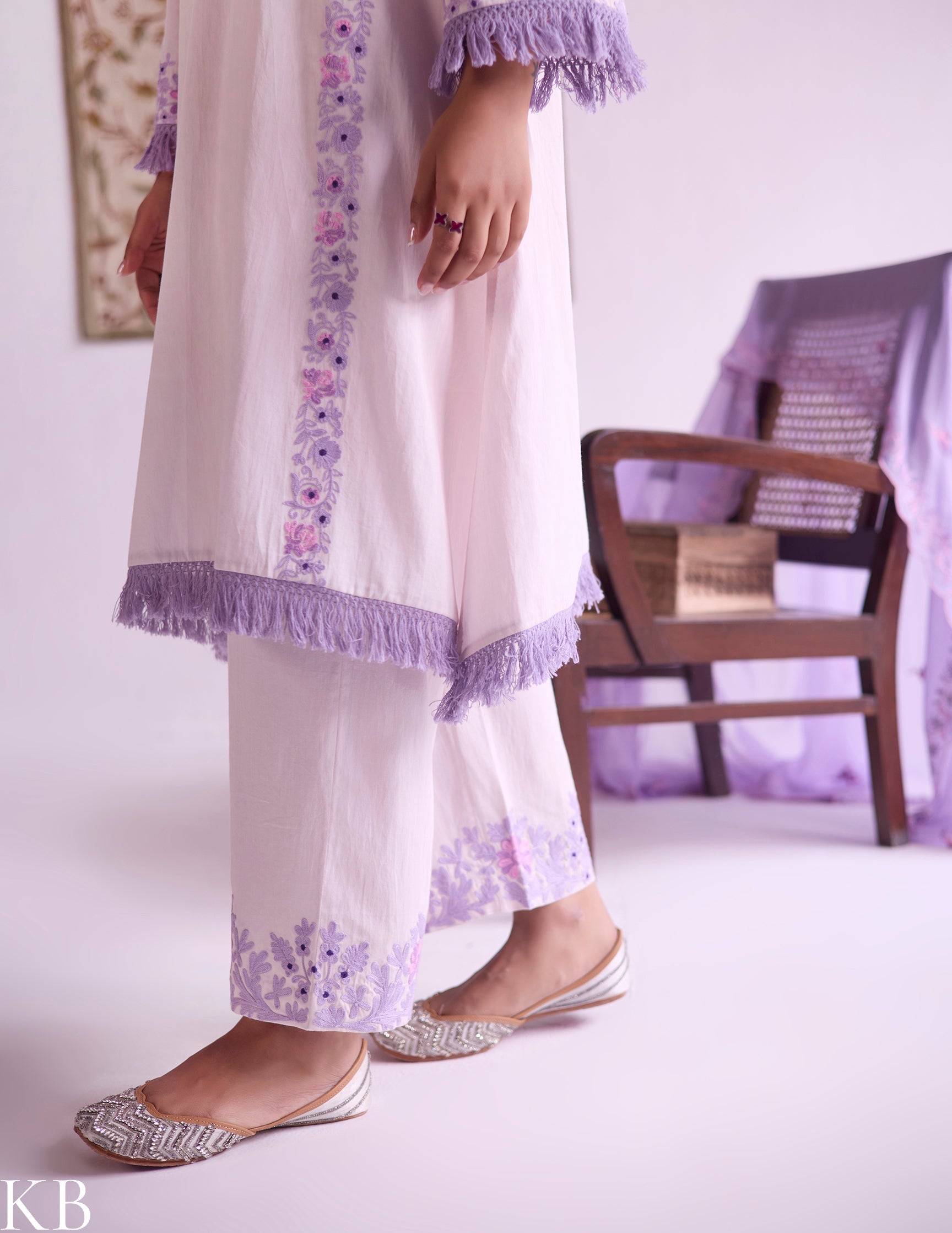 Baby Pink Cotton Satin Suit Set with Fine Aari Embroidery & Violet Organza Dupatta — Bulbul Collection | Kashmiri Summer Festive Wear - Kashmir Box