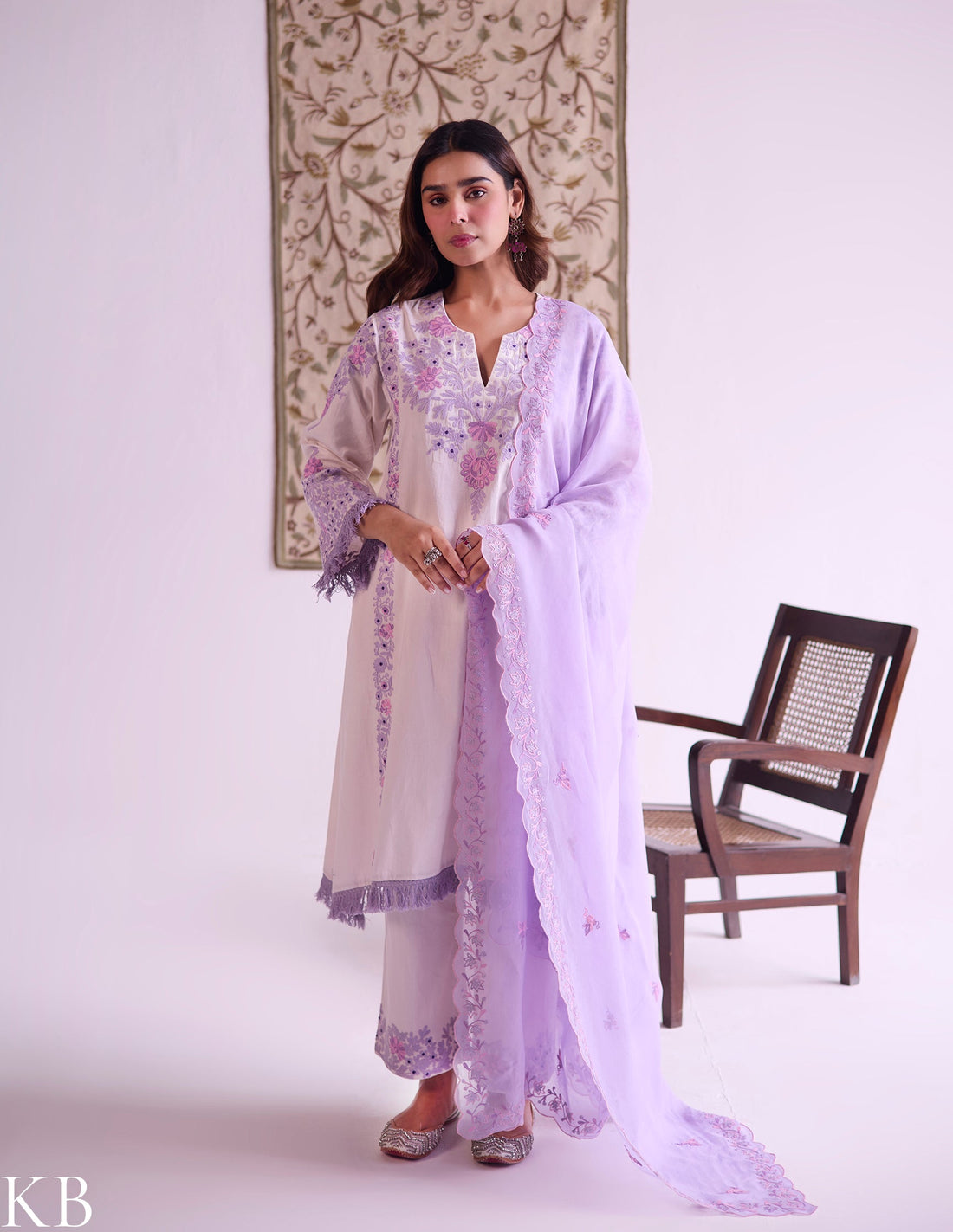 Baby Pink Cotton Satin Suit Set with Fine Aari Embroidery & Violet Organza Dupatta — Bulbul Collection | Kashmiri Summer Festive Wear - Kashmir Box