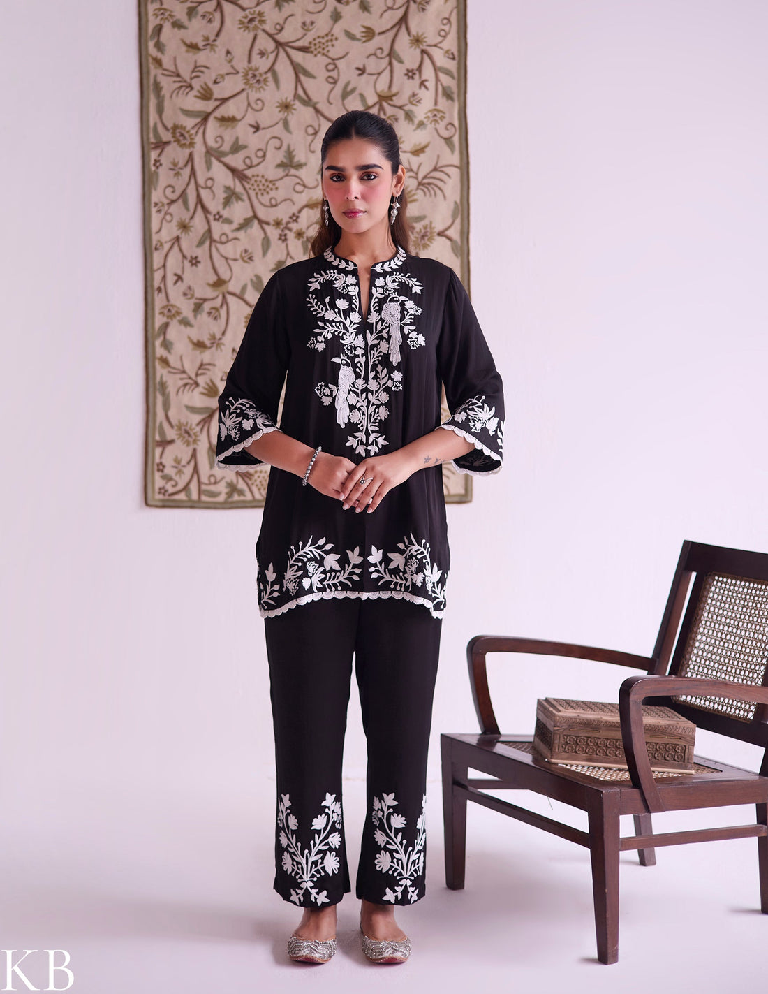 Black–White Modal Satin Coord Set with Fine Aari Embroidery — Bulbul Collection | Kashmiri Summer Festive Wear - Kashmir Box