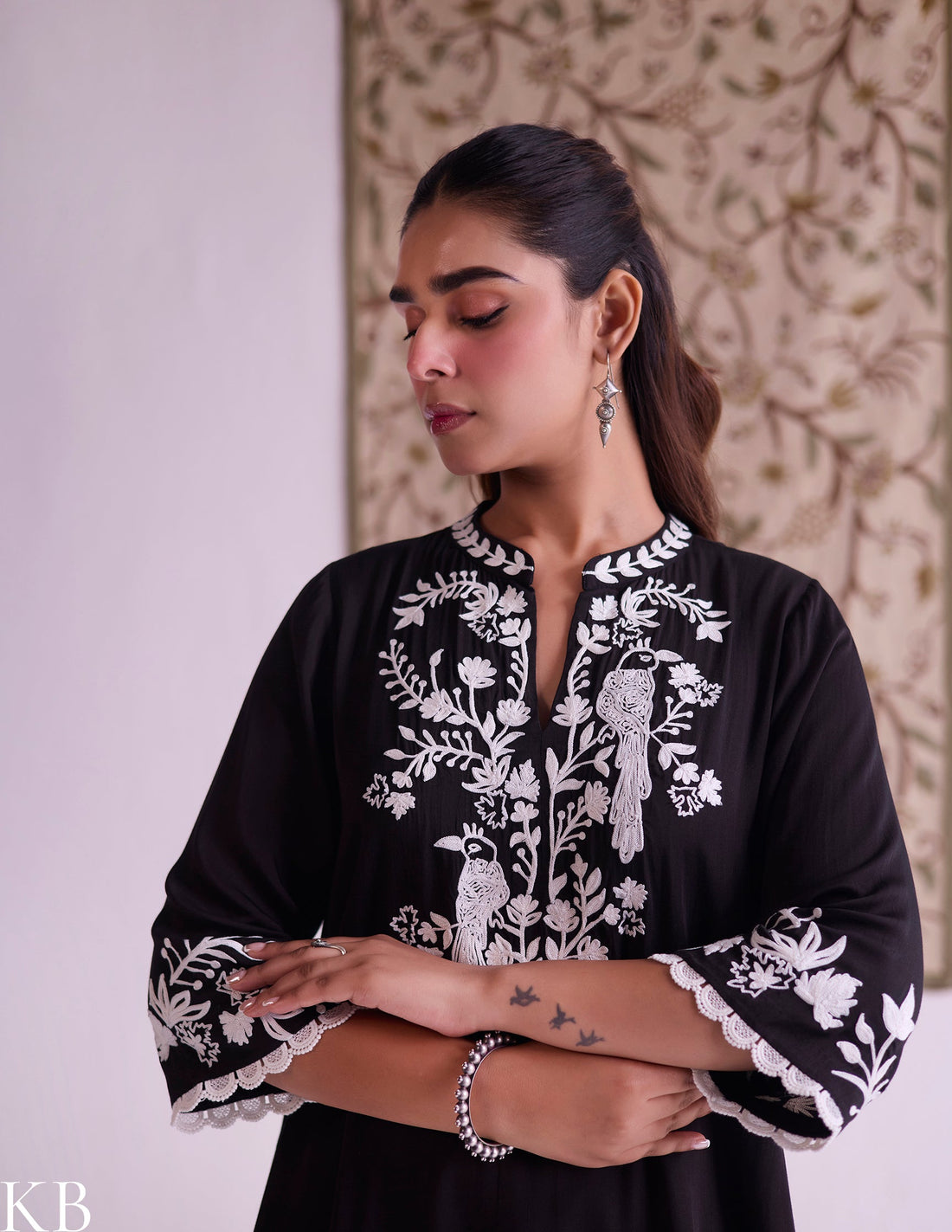 Black–White Modal Satin Coord Set with Fine Aari Embroidery — Bulbul Collection | Kashmiri Summer Festive Wear - Kashmir Box