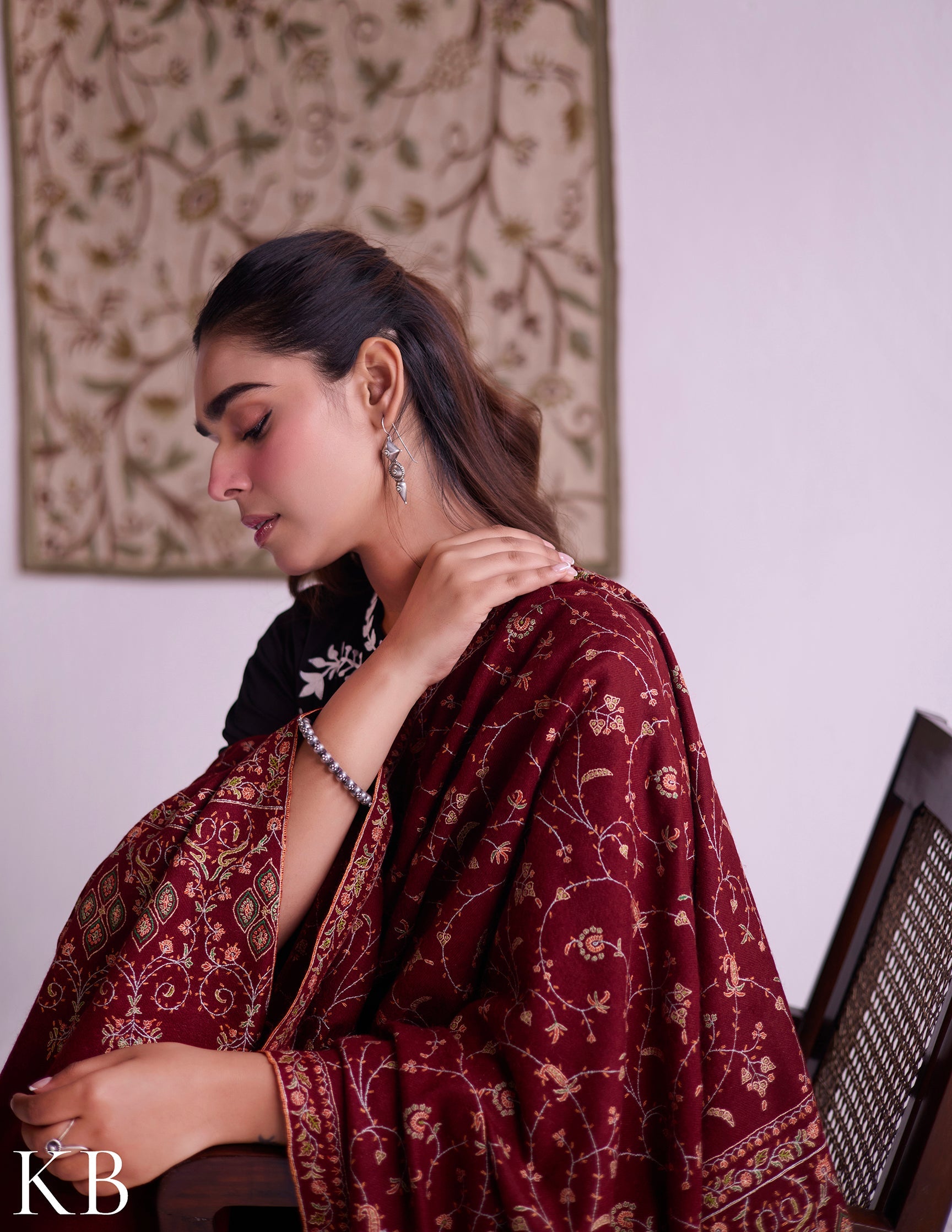 Kashmiri Handwoven Pashmina Jaali Sozni Shawl – Maroon | Handwoven Heritage