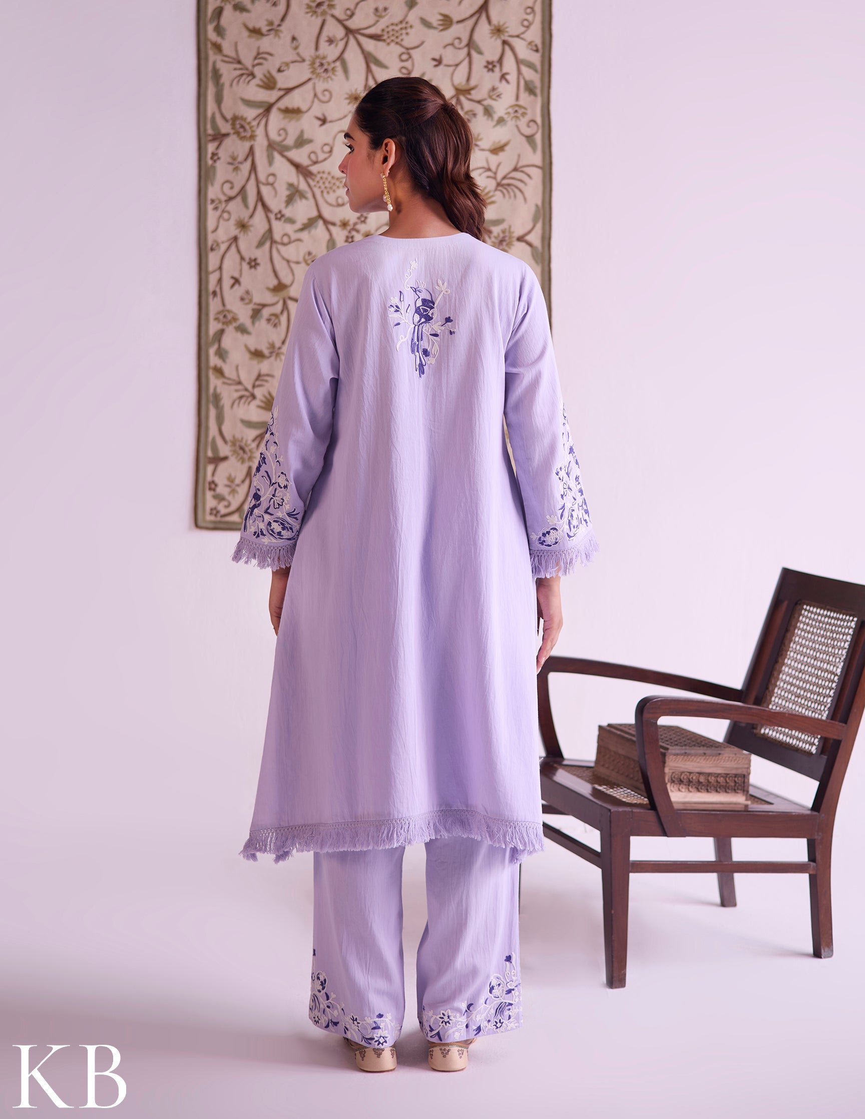 Lilac Cotton Satin Suit Set with Fine Aari Embroidery & Organza Dupatta — Bulbul Collection | Kashmiri Summer Festive Wear - Kashmir Box